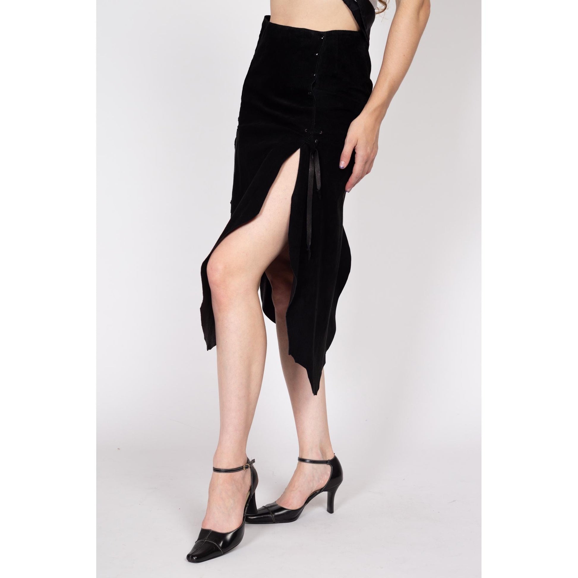 Small 90s Western Gothic Black Suede Midi Skirt | Vintage High Waisted A Line High Thigh Slit Skirt