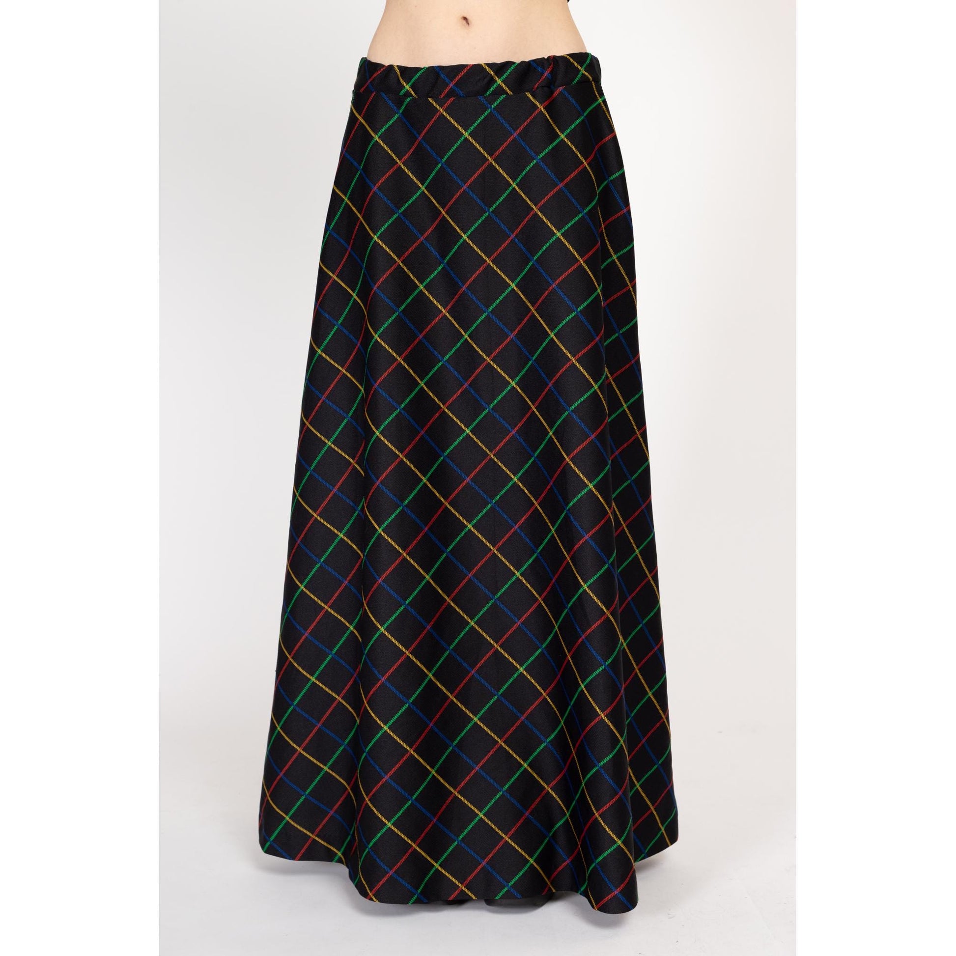 Large 70s Black Primary Color Windowpane Plaid Maxi Skirt | Vintage High Waisted A Line Long Skirt