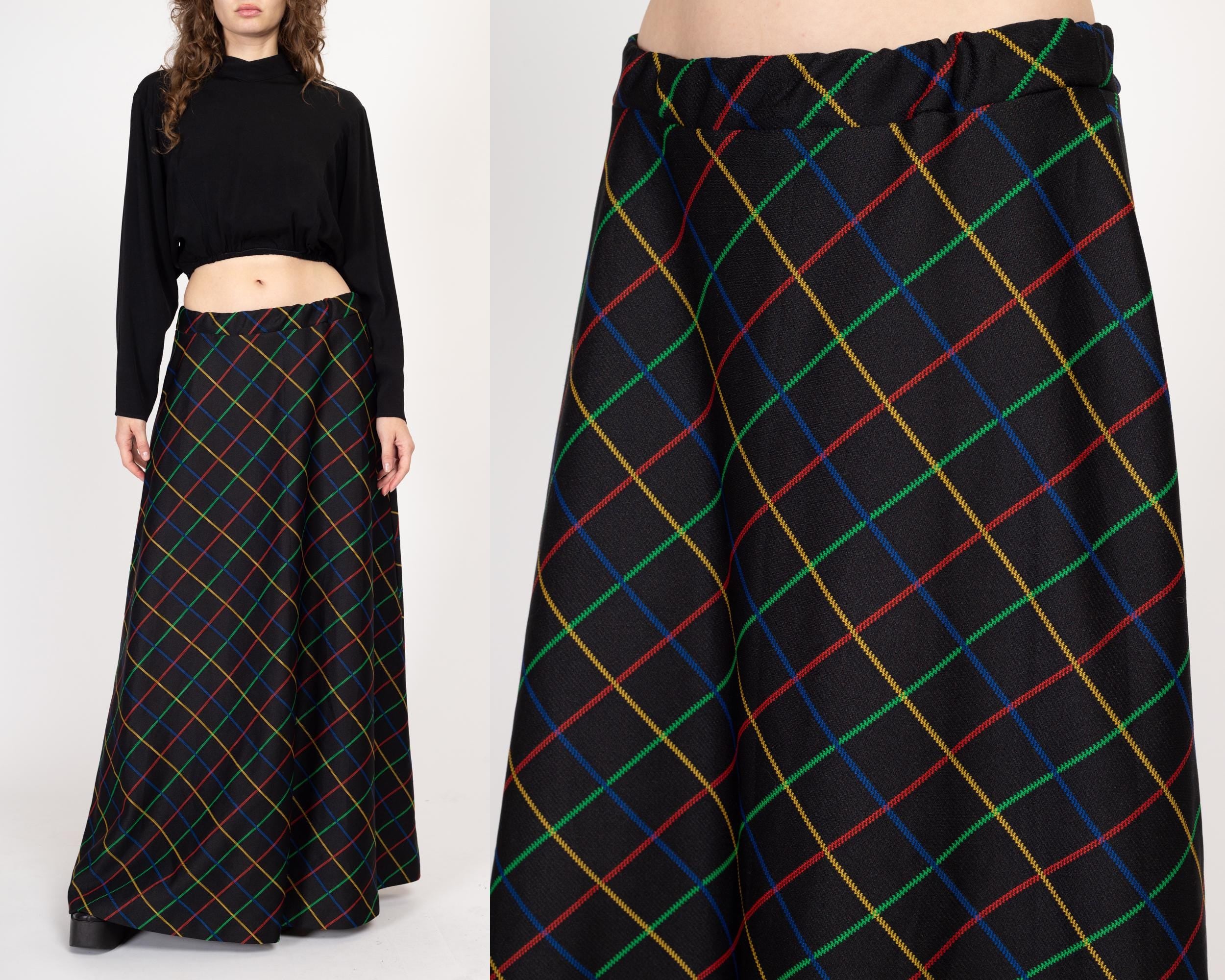 Large 70s Black Primary Color Windowpane Plaid Maxi Skirt Flying Apple Vintage