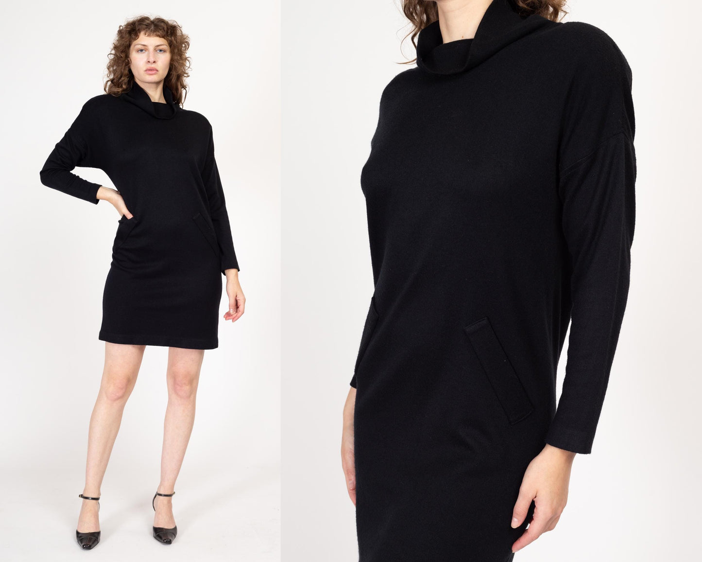 Medium 80s Black Knit Cowl Neck Mini Sweater Dress | Vintage Avant Garde Batwing Shoulder Pad Mockneck Dress