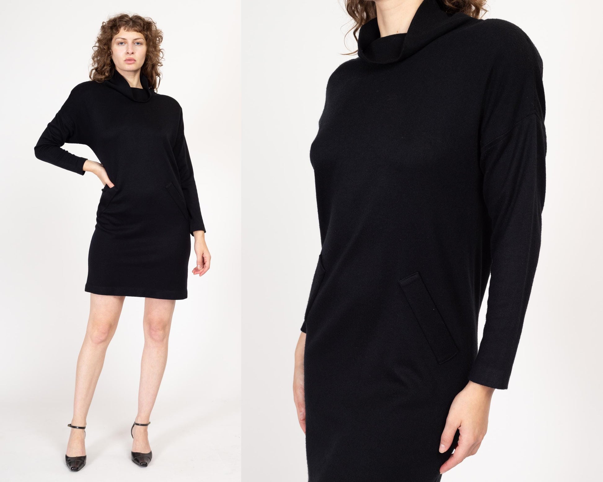 Medium 80s Black Knit Cowl Neck Mini Sweater Dress | Vintage Avant Garde Batwing Shoulder Pad Mockneck Dress