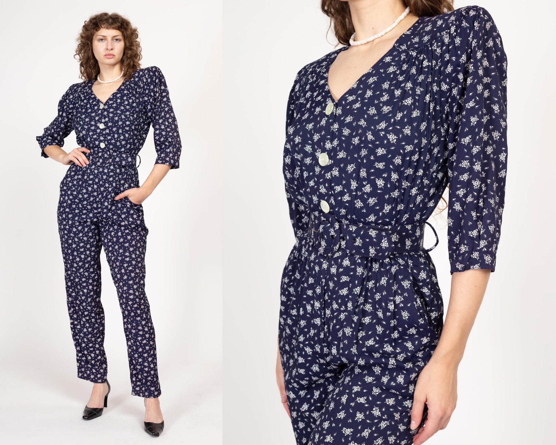 Sm-Med 80s Navy Blue Floral Belted Jumpsuit | Vintage Retro Long Sleeve Tapered Leg Pantsuit