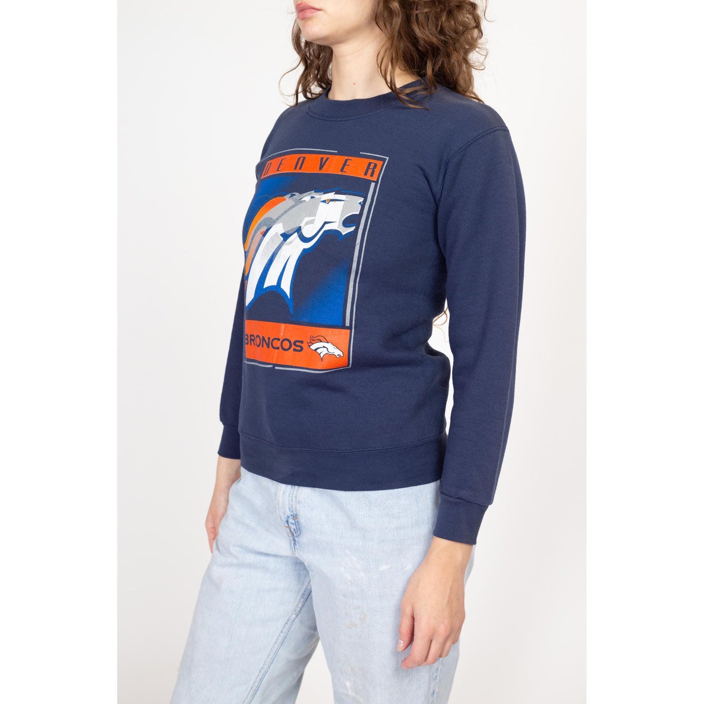 XS 90s Denver Broncos NFL Sweatshirt | Vintage Football Navy Blue Graphic Crewneck Pullover