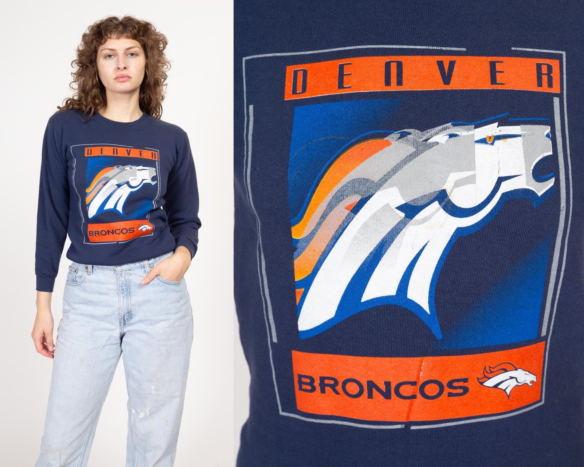 XS 90s Denver Broncos NFL Sweatshirt | Vintage Football Navy Blue Graphic Crewneck Pullover