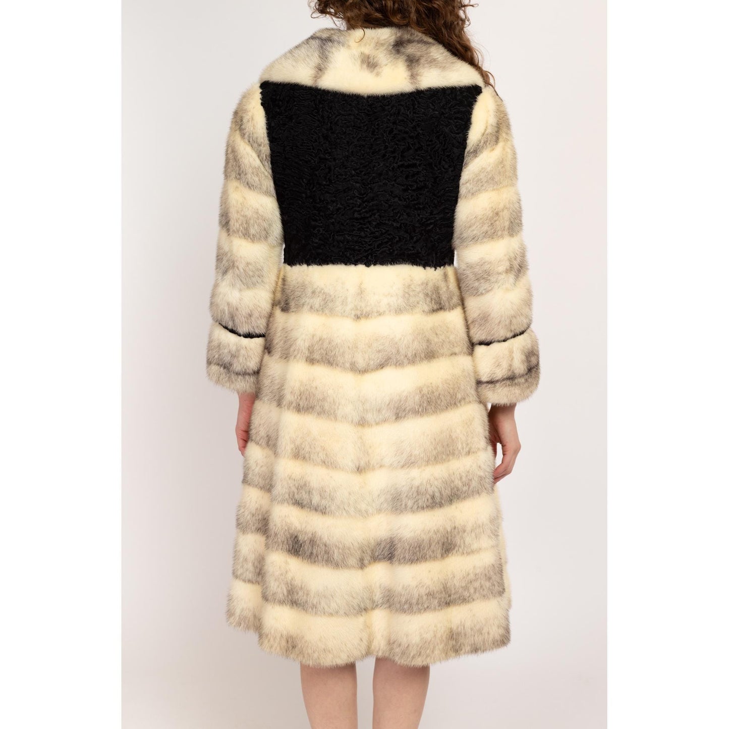 XS 60s 70s Galanos Designer Black & White Mink Fur Coat | Vintage Formal Persian Lamb Trim Princess Coat