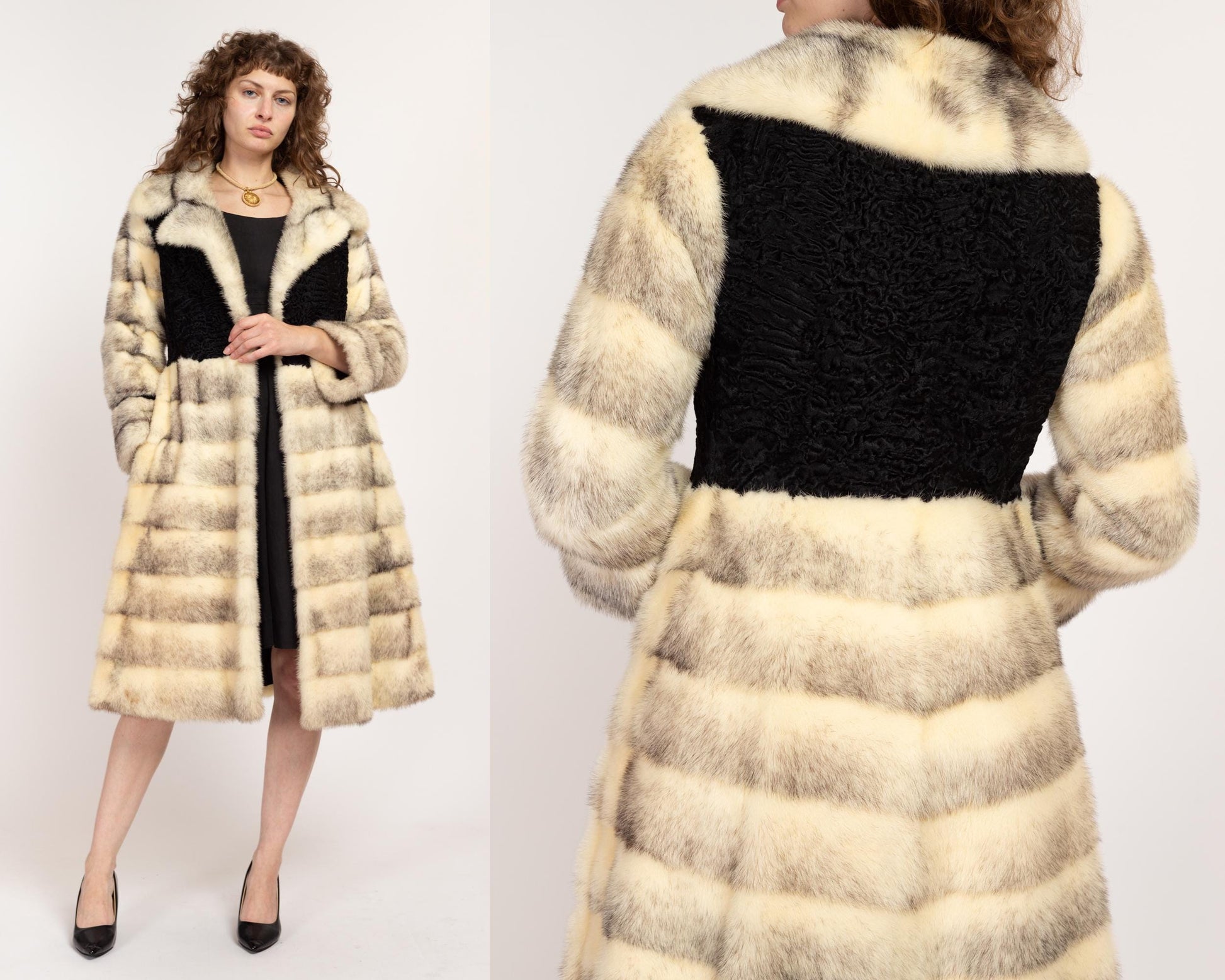 XS 60s 70s Galanos Designer Black & White Mink Fur Coat | Vintage Formal Persian Lamb Trim Princess Coat