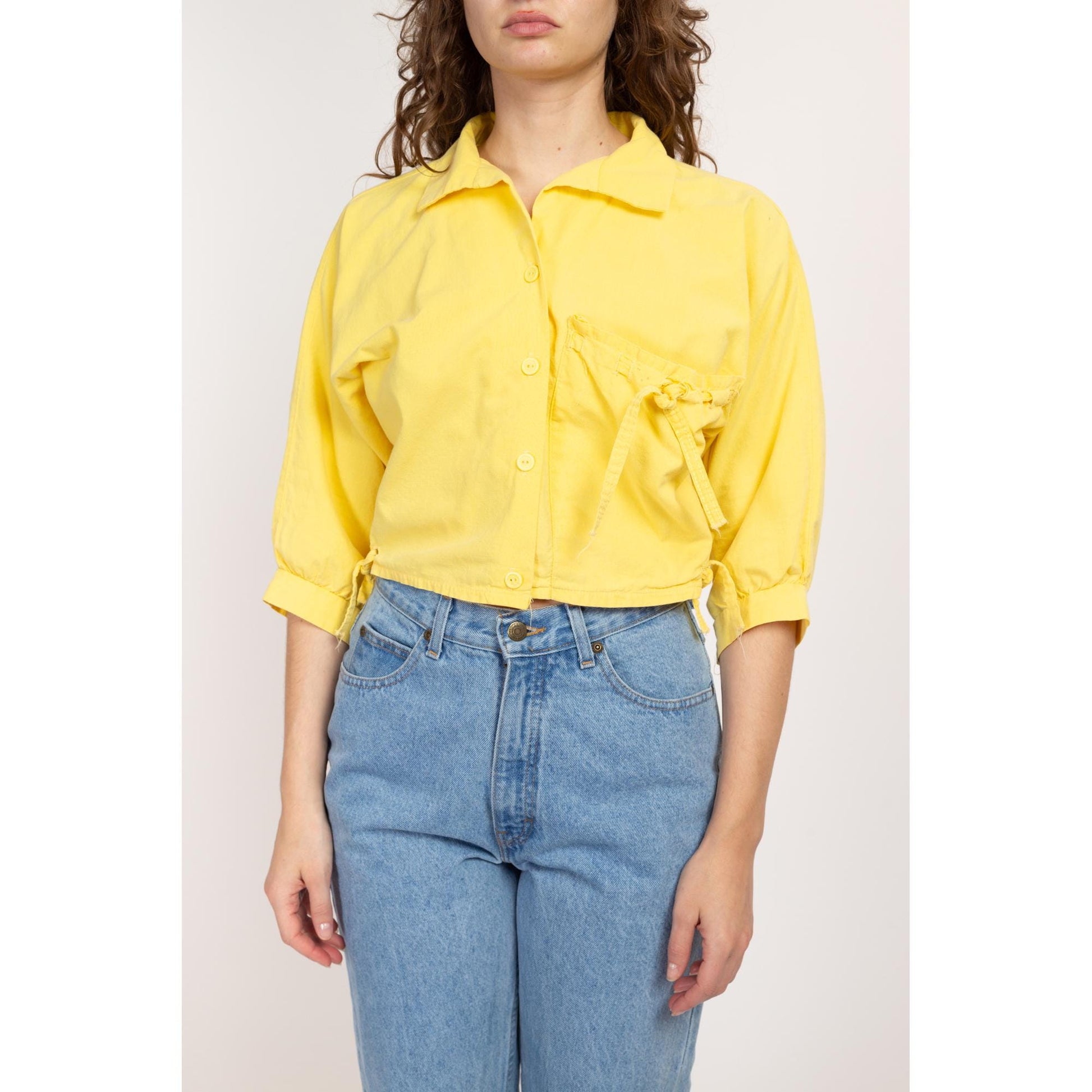 Large 80s Yellow Cotton Button Up Crop Top | Vintage Dolman Sleeve Collared Cropped Shirt