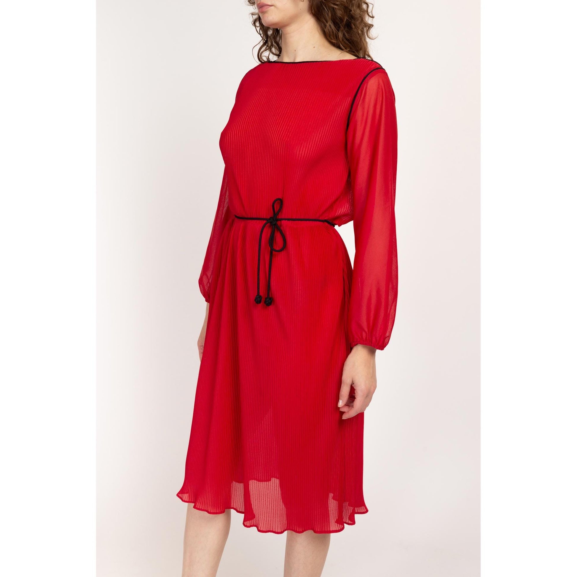 sheer pliss midi dress Long-Sleeve Sheer Pleated Midi Dress