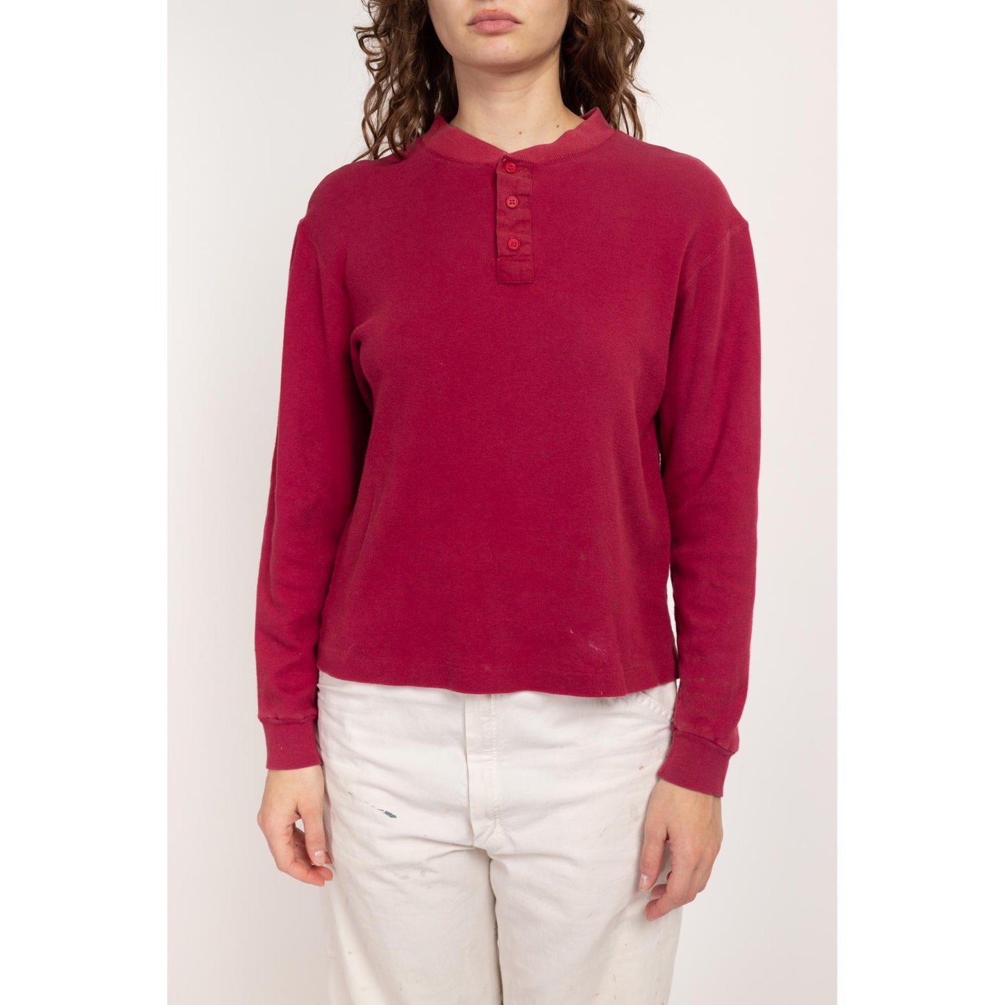 Med-Lrg 80s Wine Red Cotton Henley Shirt Unisex | Vintage Grunge Long Sleeve Normcore Top