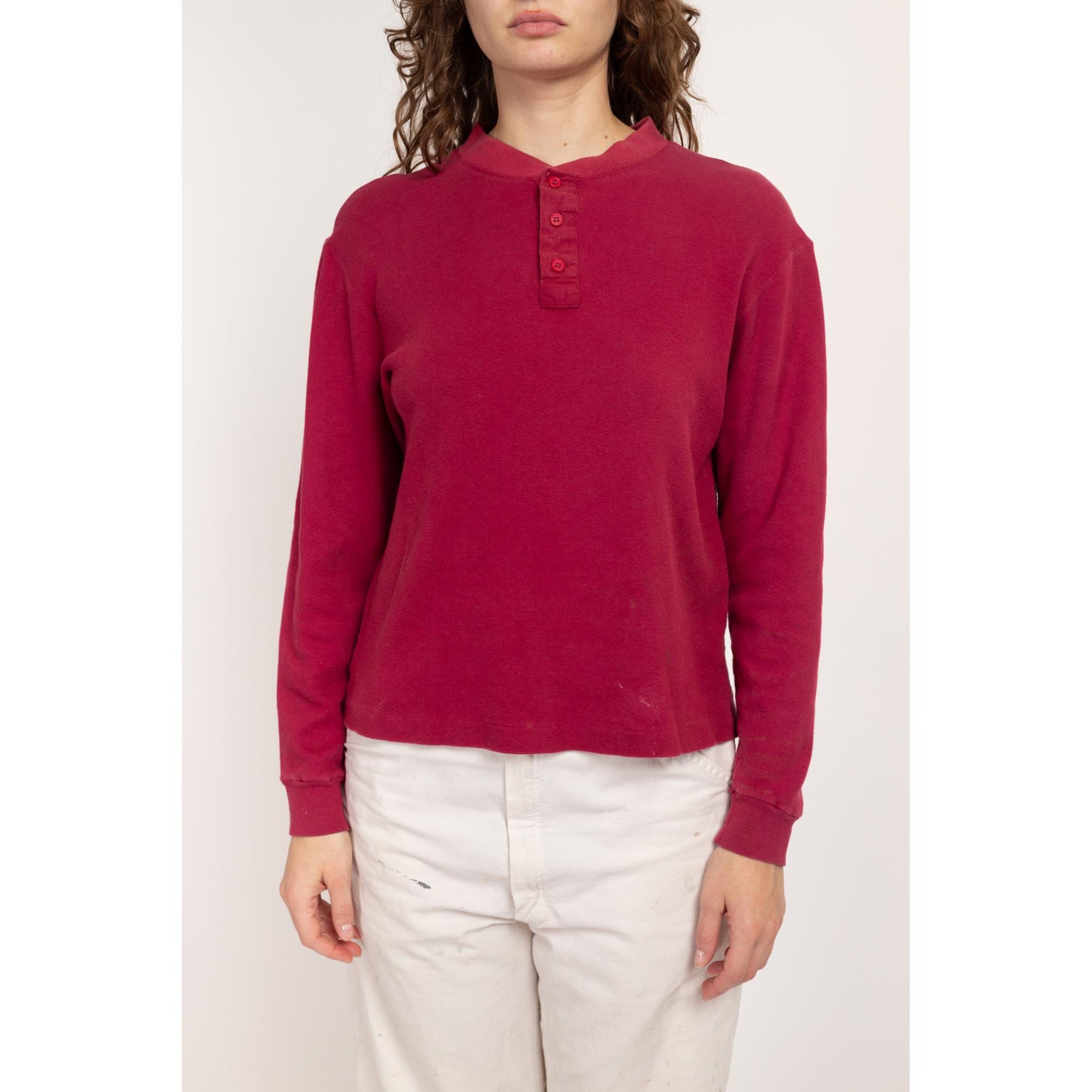 Med-Lrg 80s Wine Red Cotton Henley Shirt Unisex | Vintage Grunge Long Sleeve Normcore Top