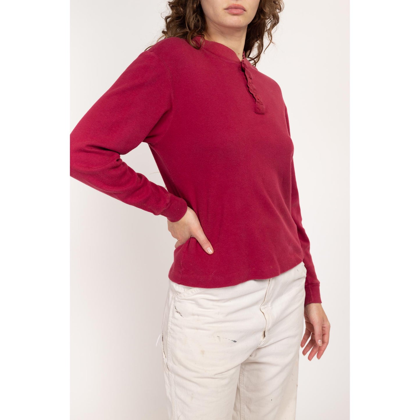 Med-Lrg 80s Wine Red Cotton Henley Shirt Unisex | Vintage Grunge Long Sleeve Normcore Top