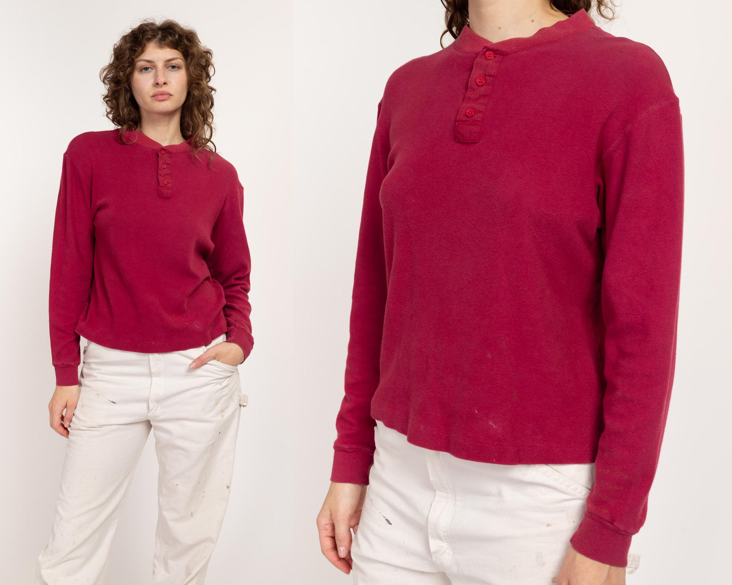 Med-Lrg 80s Wine Red Cotton Henley Shirt Unisex | Vintage Grunge Long Sleeve Normcore Top