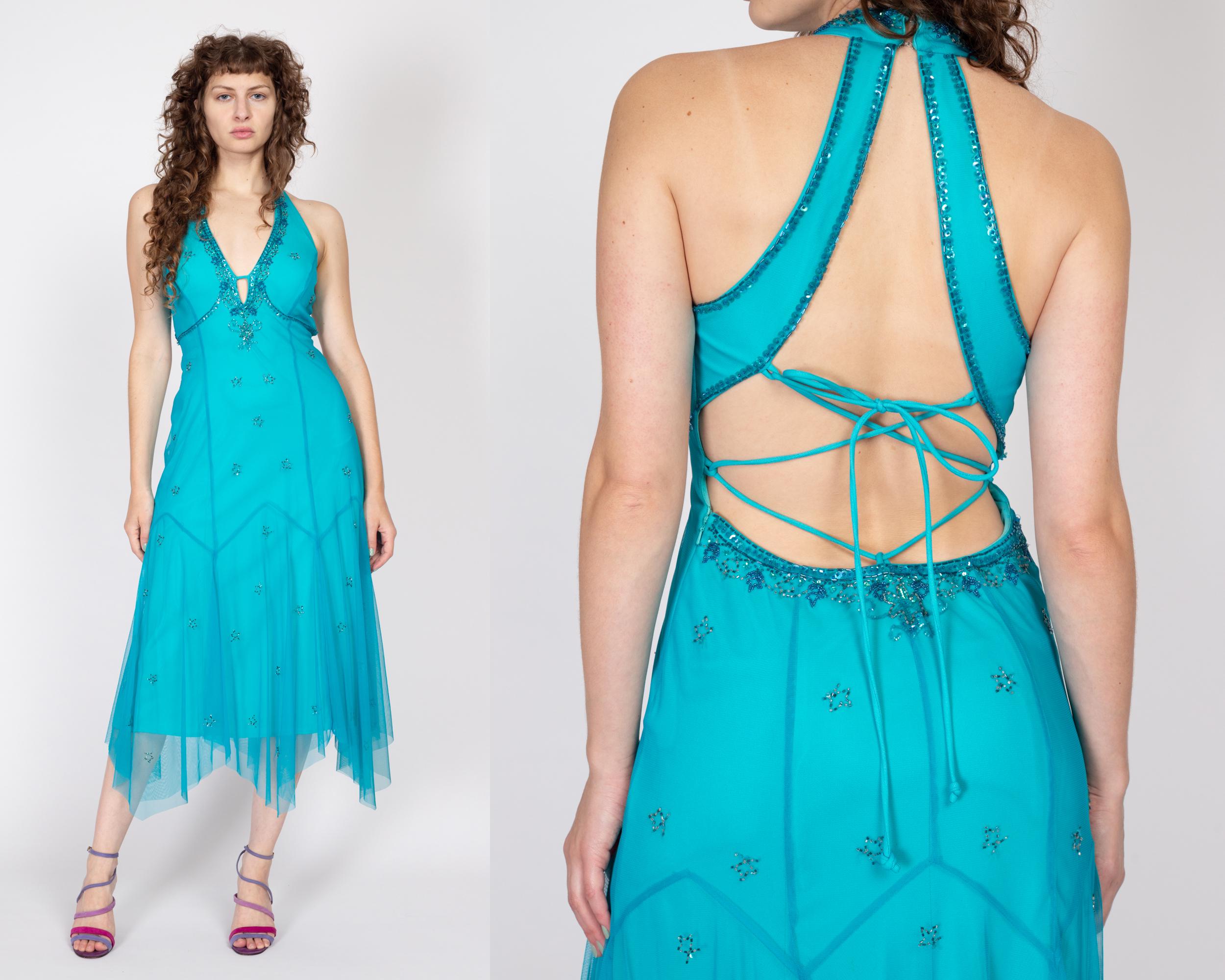 Medium 90s Aqua Blue Backless Scarf Hem Party Dress Flying Apple Vintage