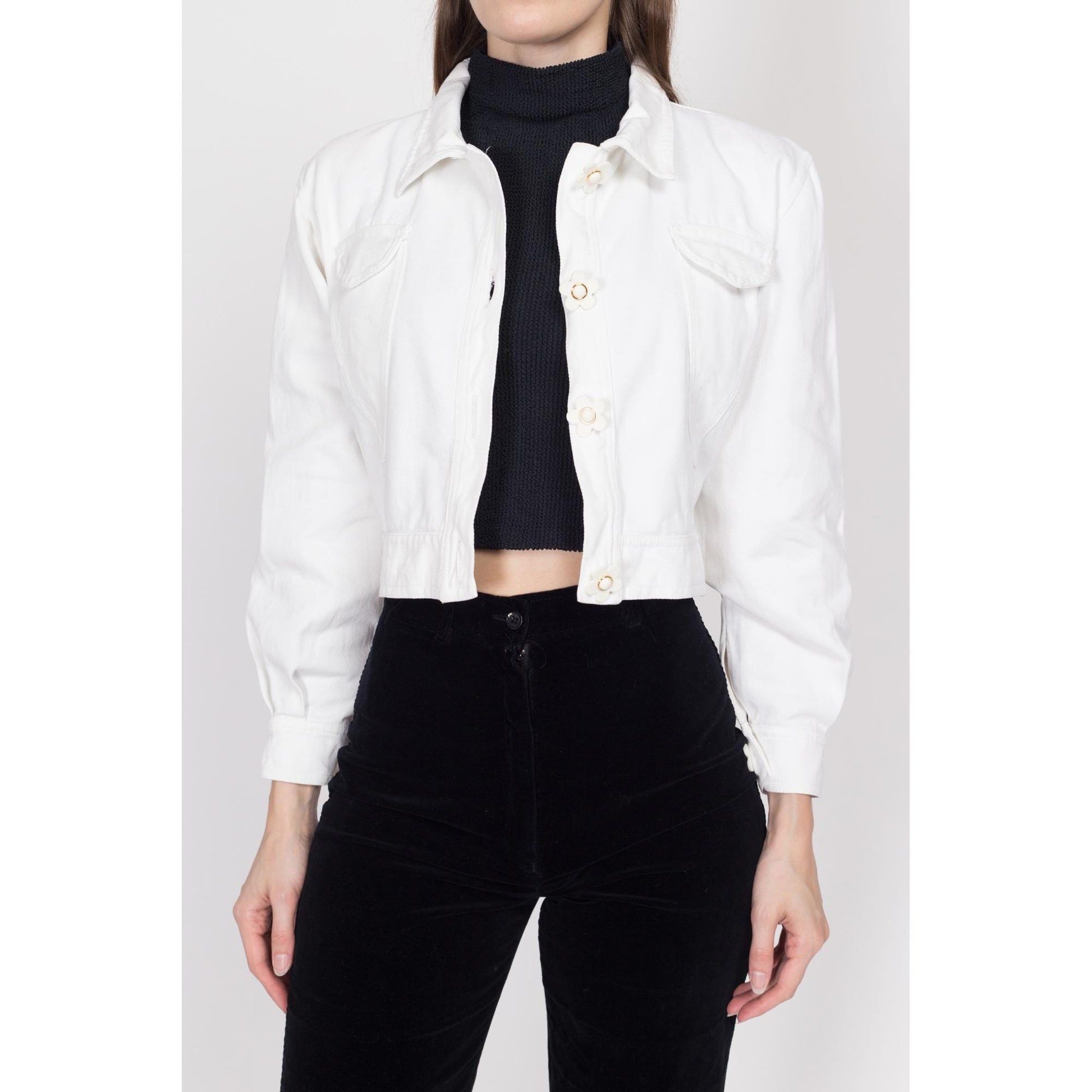 Small 90s White Flower Button Cropped Denim Jacket | Vintage Daisy Floral Rave Wear Jean Jacket