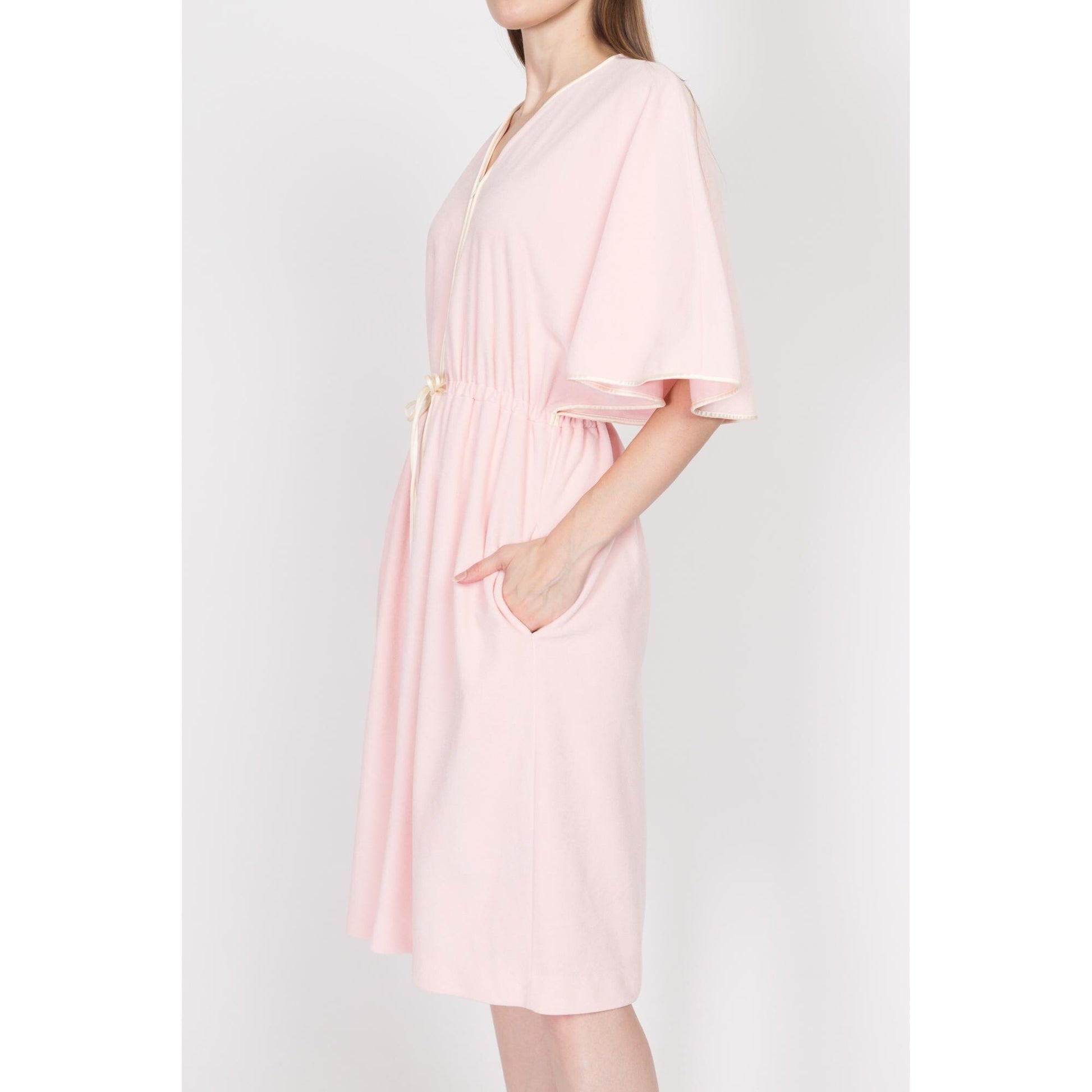 Medium 70s Pink Velour Midi Loungewear House Dress | Vintage Vanity Fair Zip Up Flutter Sleeve Dressing Gown Robe