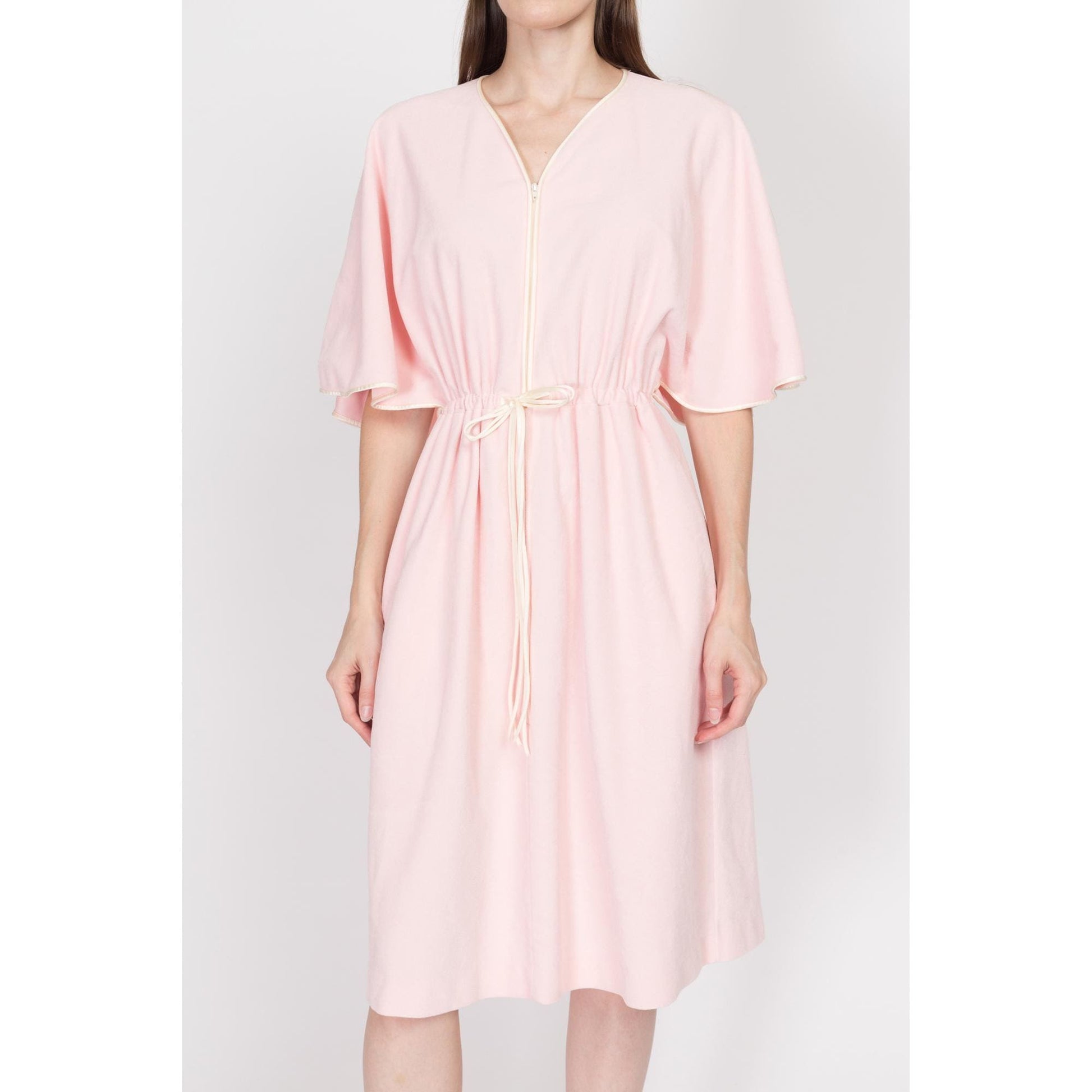Medium 70s Pink Velour Midi Loungewear House Dress | Vintage Vanity Fair Zip Up Flutter Sleeve Dressing Gown Robe