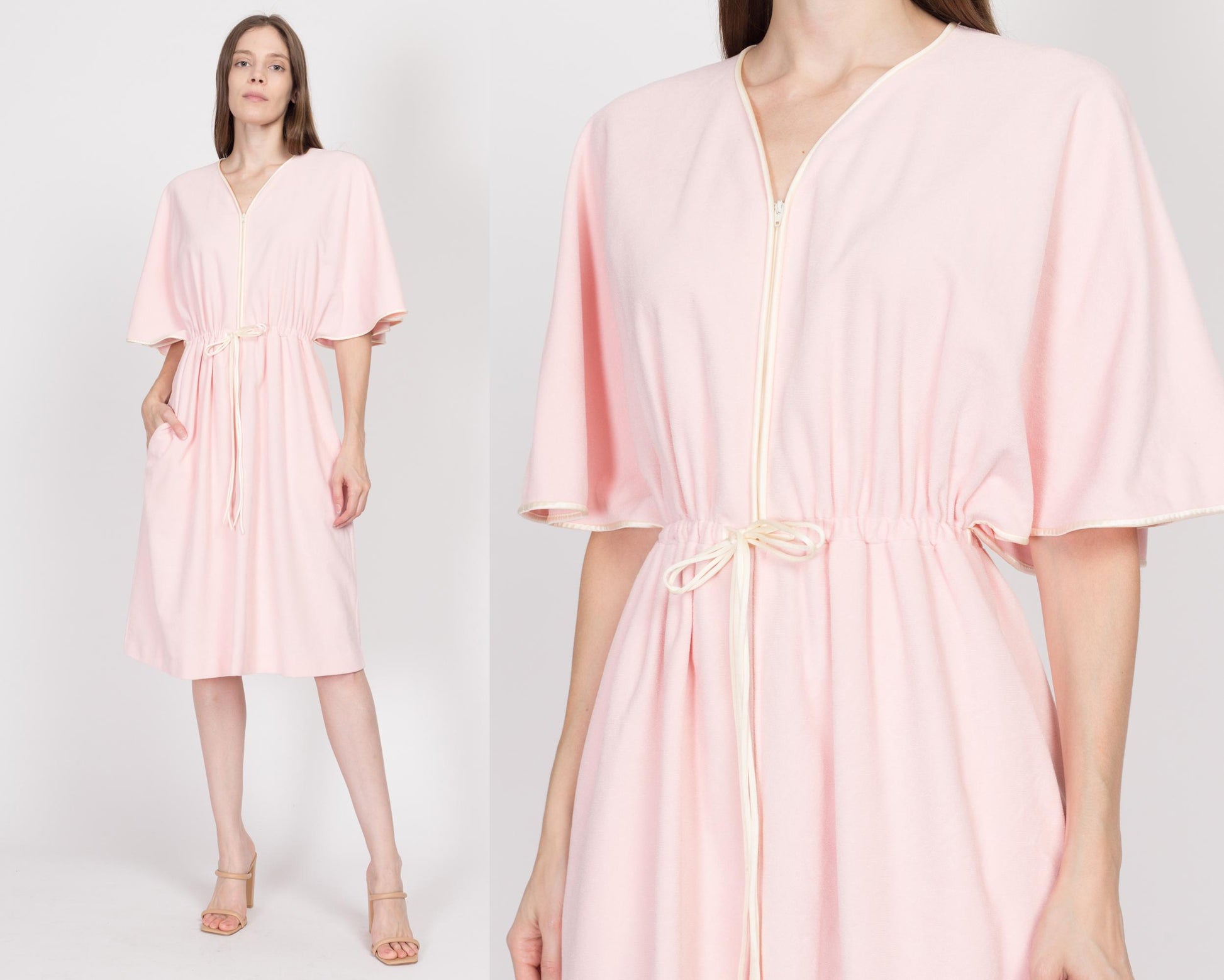 Medium 70s Pink Velour Midi Loungewear House Dress | Vintage Vanity Fair Zip Up Flutter Sleeve Dressing Gown Robe