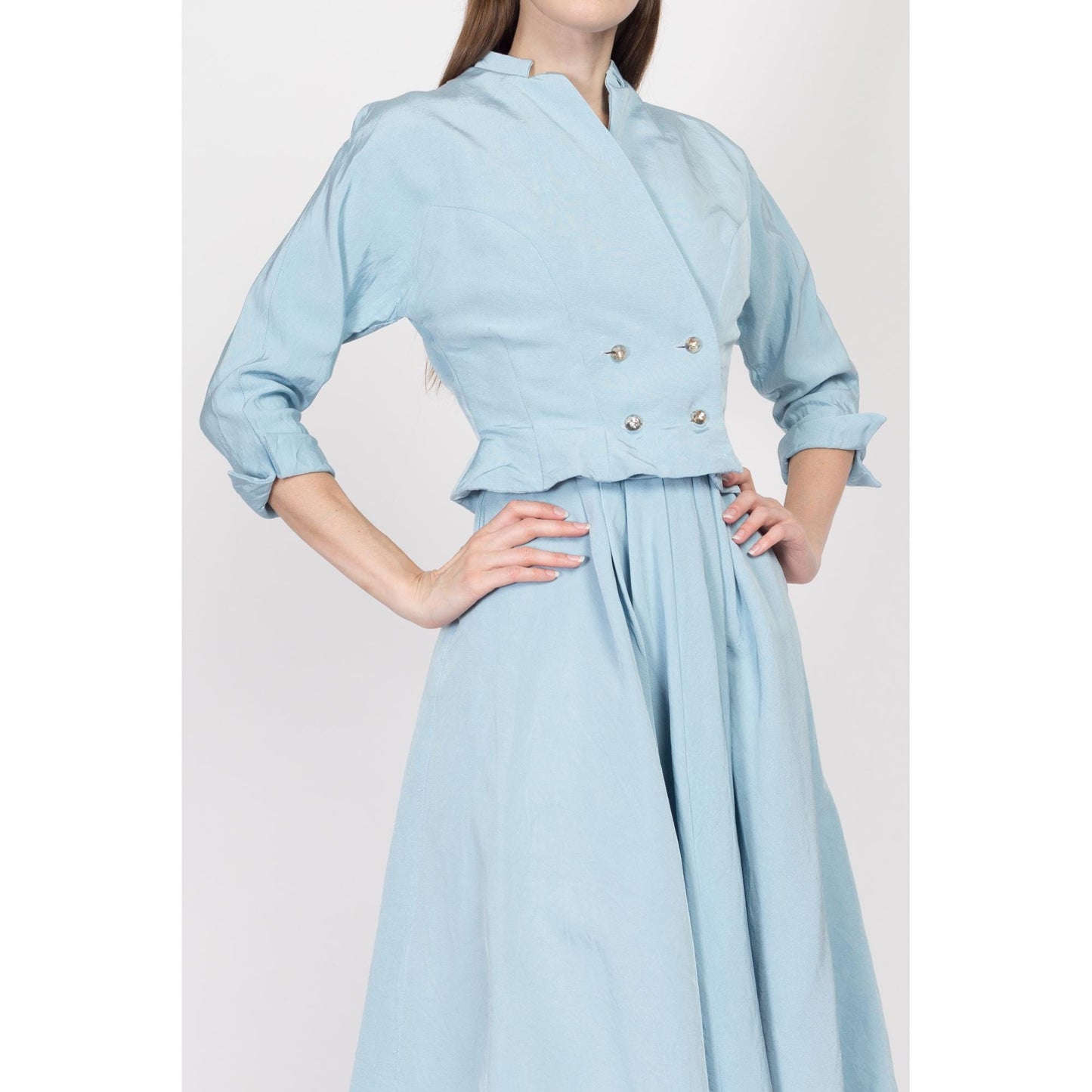 XS 190s Blue Midi Dress & Jacket Set, As Is | Vintage 50s Cropped Blazer Matching Two Piece Suit Outfit