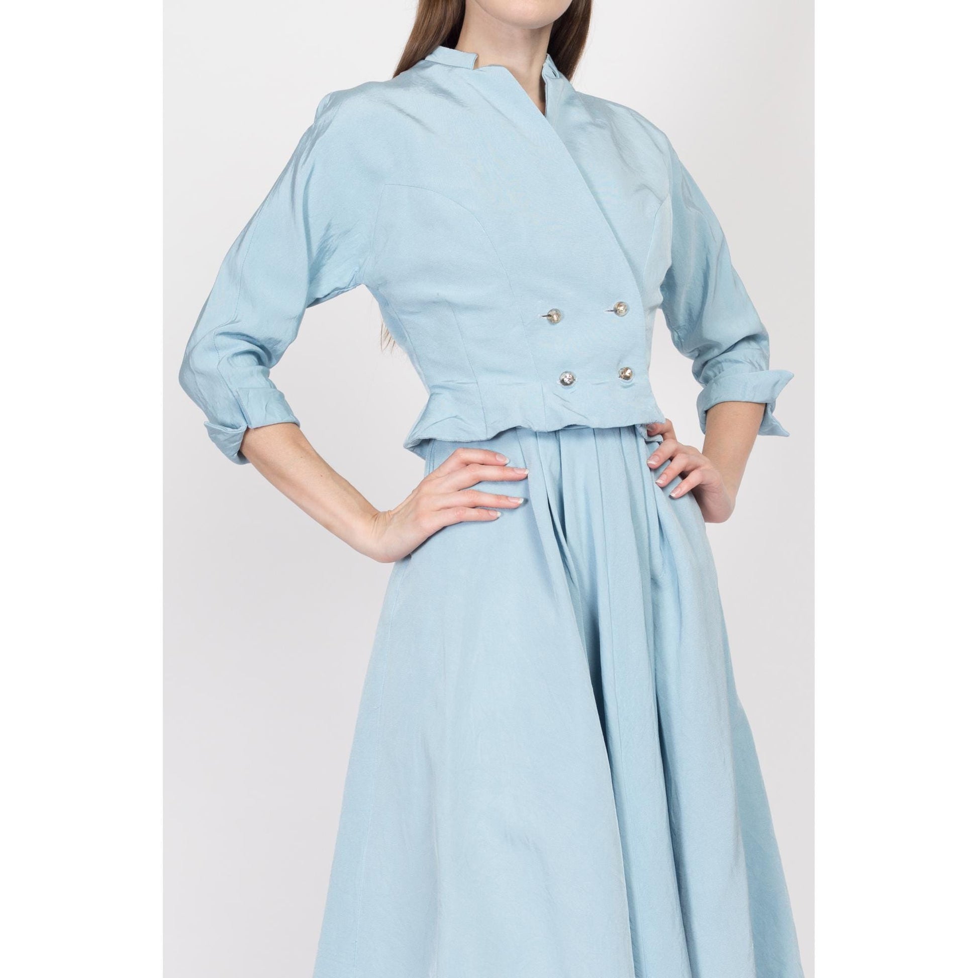 XS 190s Blue Midi Dress & Jacket Set, As Is | Vintage 50s Cropped Blazer Matching Two Piece Suit Outfit