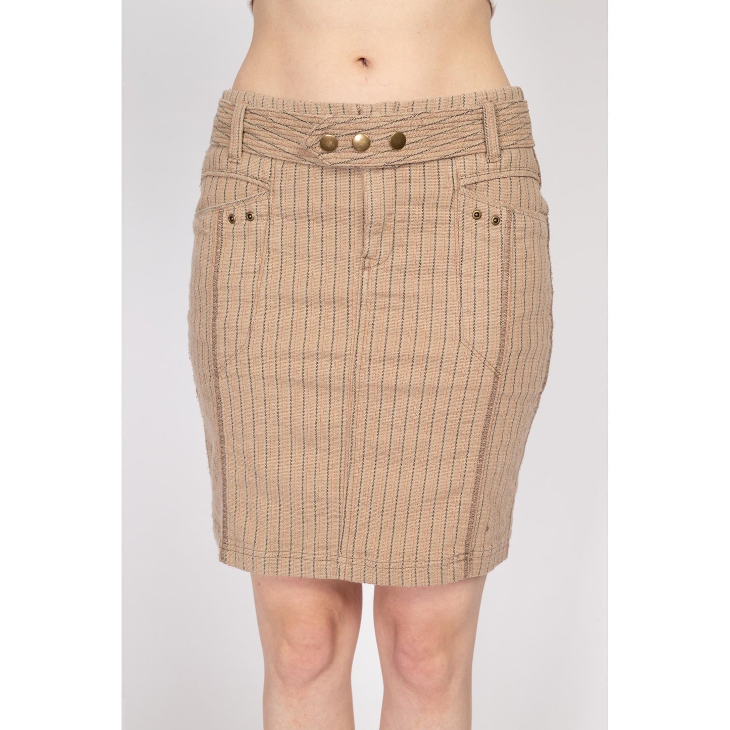 Small 90s Y2K Pinstriped Low Rise Mini Skirt | Vintage Belted Stretchy Cotton Blend Fitted Pencil Skirt