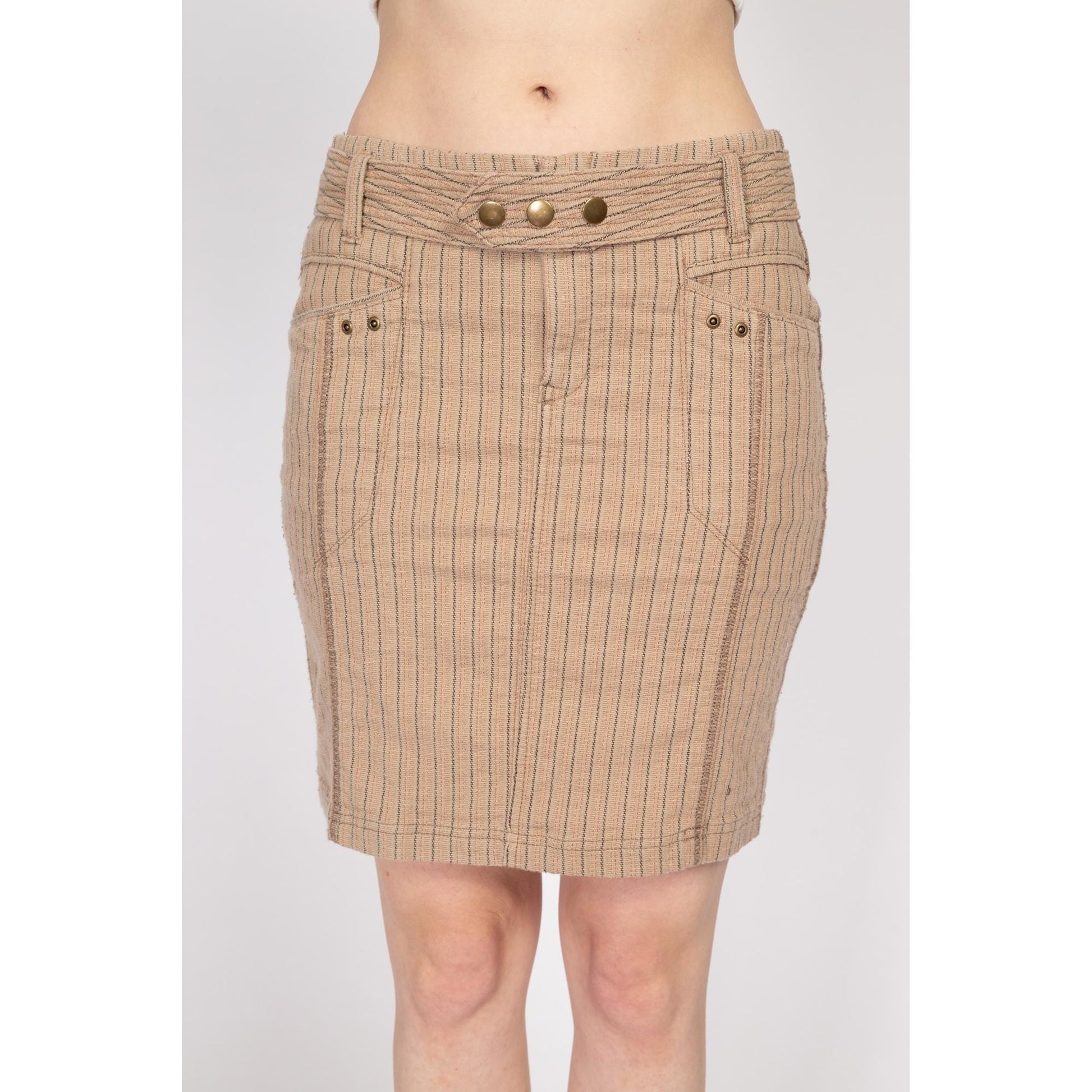 Small 90s Y2K Pinstriped Low Rise Mini Skirt | Vintage Belted Stretchy Cotton Blend Fitted Pencil Skirt