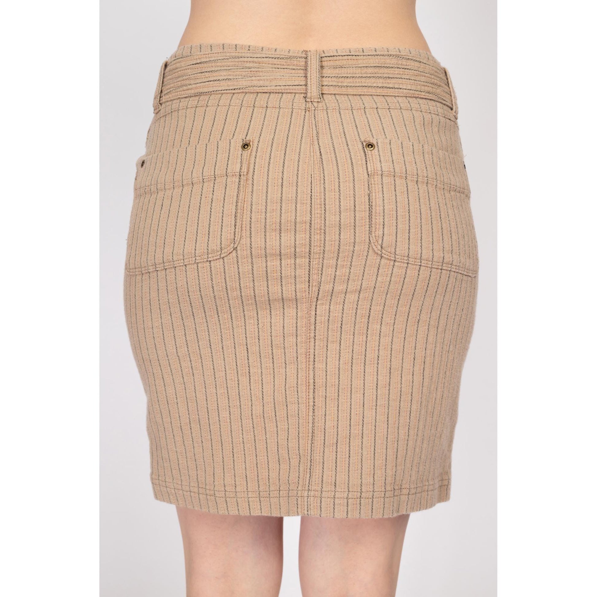 Small 90s Y2K Pinstriped Low Rise Mini Skirt | Vintage Belted Stretchy Cotton Blend Fitted Pencil Skirt