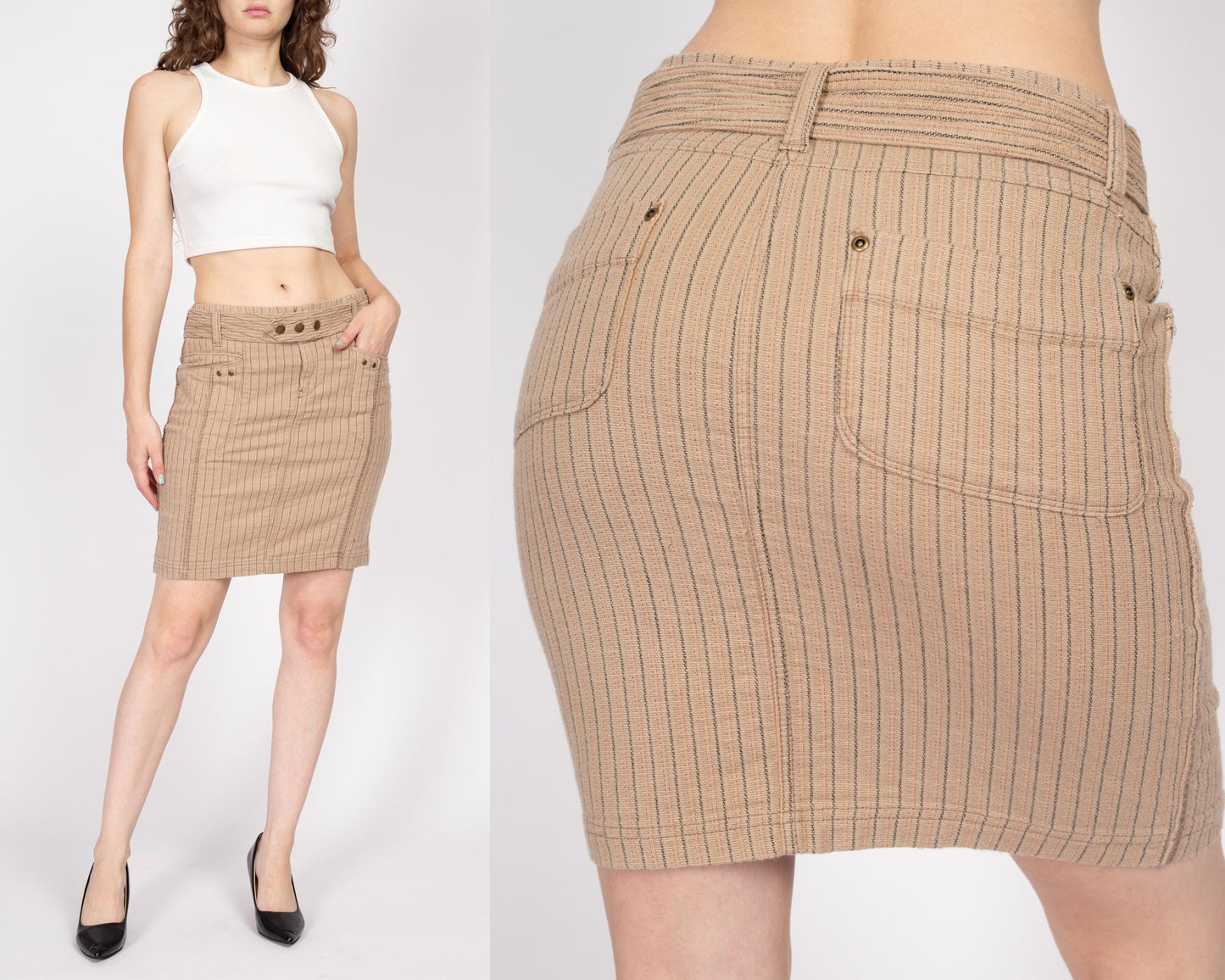 Small 90s Y2K Pinstriped Low Rise Mini Skirt | Vintage Belted Stretchy Cotton Blend Fitted Pencil Skirt