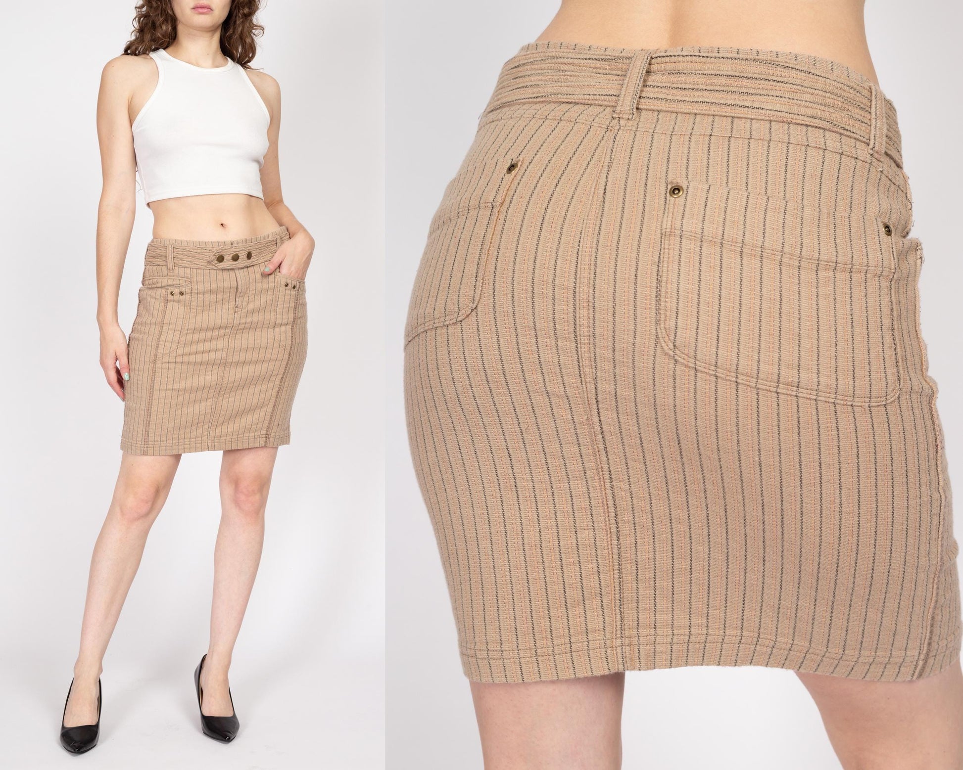 Small 90s Y2K Pinstriped Low Rise Mini Skirt | Vintage Belted Stretchy Cotton Blend Fitted Pencil Skirt
