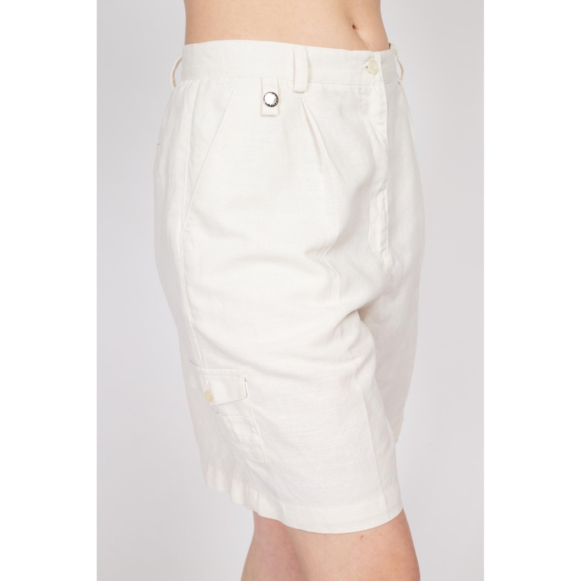 Med-Lrg 90s Liz Claiborne White Linen Blend Shorts 30" | Vintage Lizgolf High Waisted Casual Mom Shorts