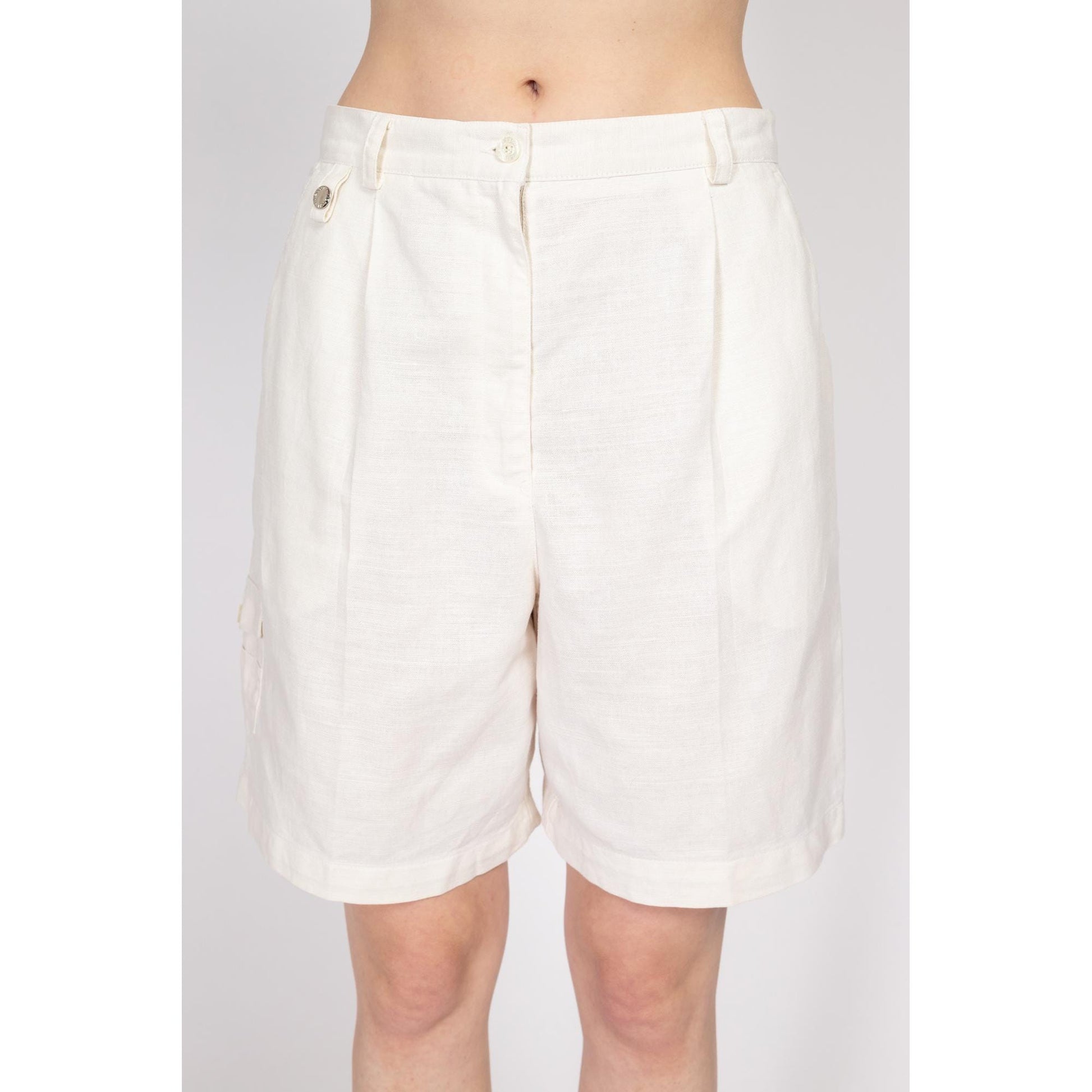 Med-Lrg 90s Liz Claiborne White Linen Blend Shorts 30" | Vintage Lizgolf High Waisted Casual Mom Shorts