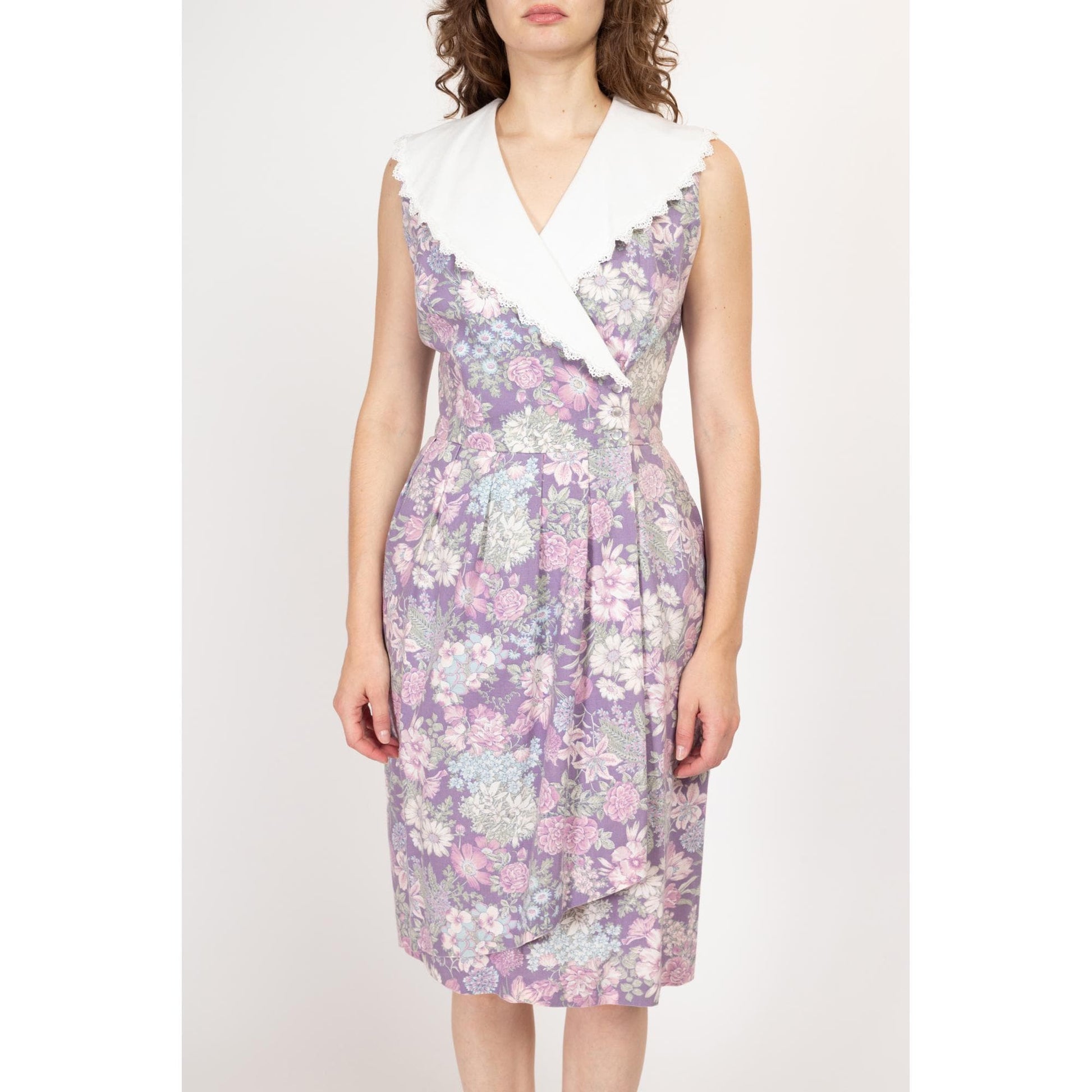Petite Large 80s Lanz Purple Floral Sailor Collar Wrap Dress | Vintage Grunge Lace Trim Sleeveless Midi Dress