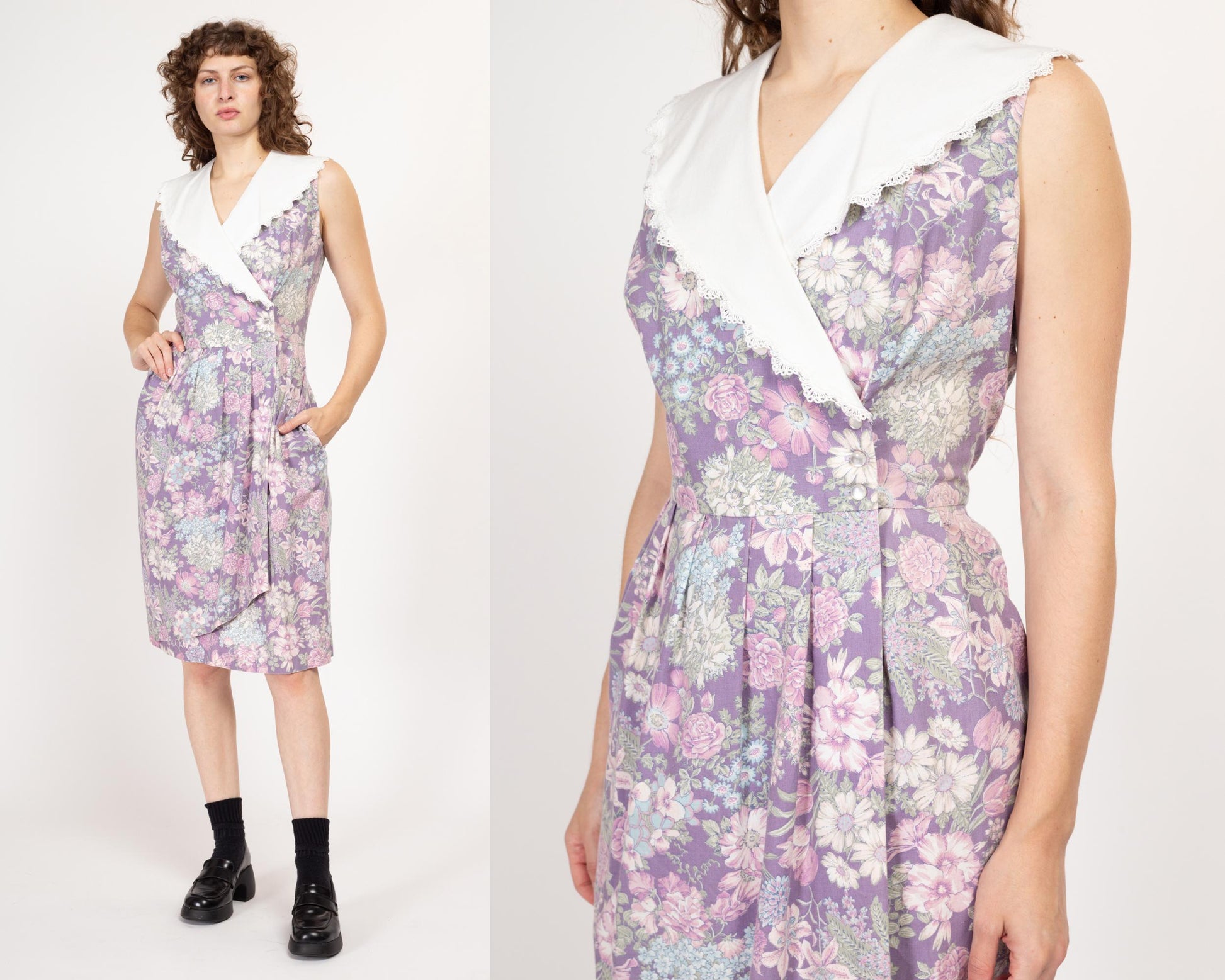Petite Large 80s Lanz Purple Floral Sailor Collar Wrap Dress | Vintage Grunge Lace Trim Sleeveless Midi Dress