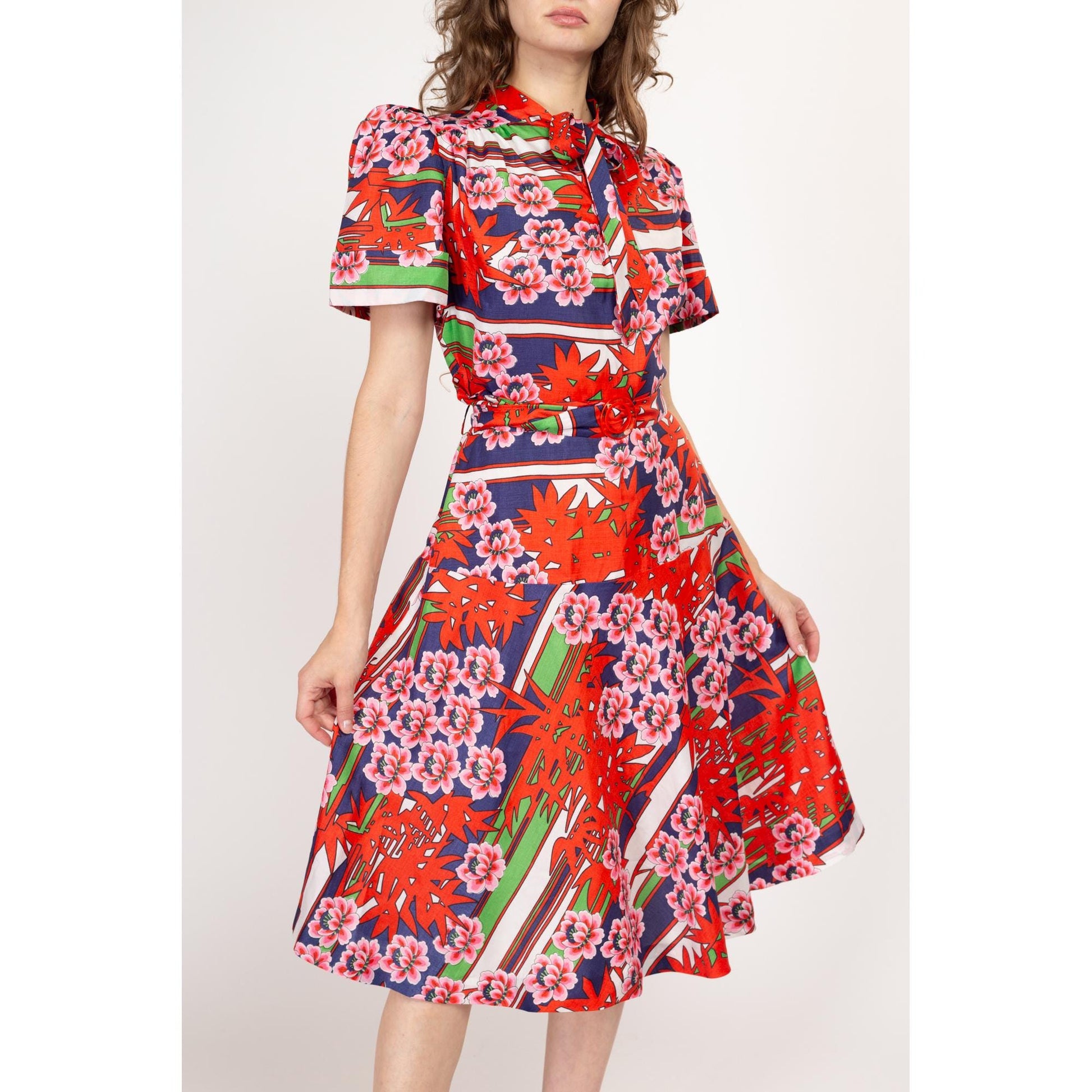 Large 70s Does 40s Red Floral Ascot Dress | Vintage Puff Sleeve Fit Flare Midi Shirtdress