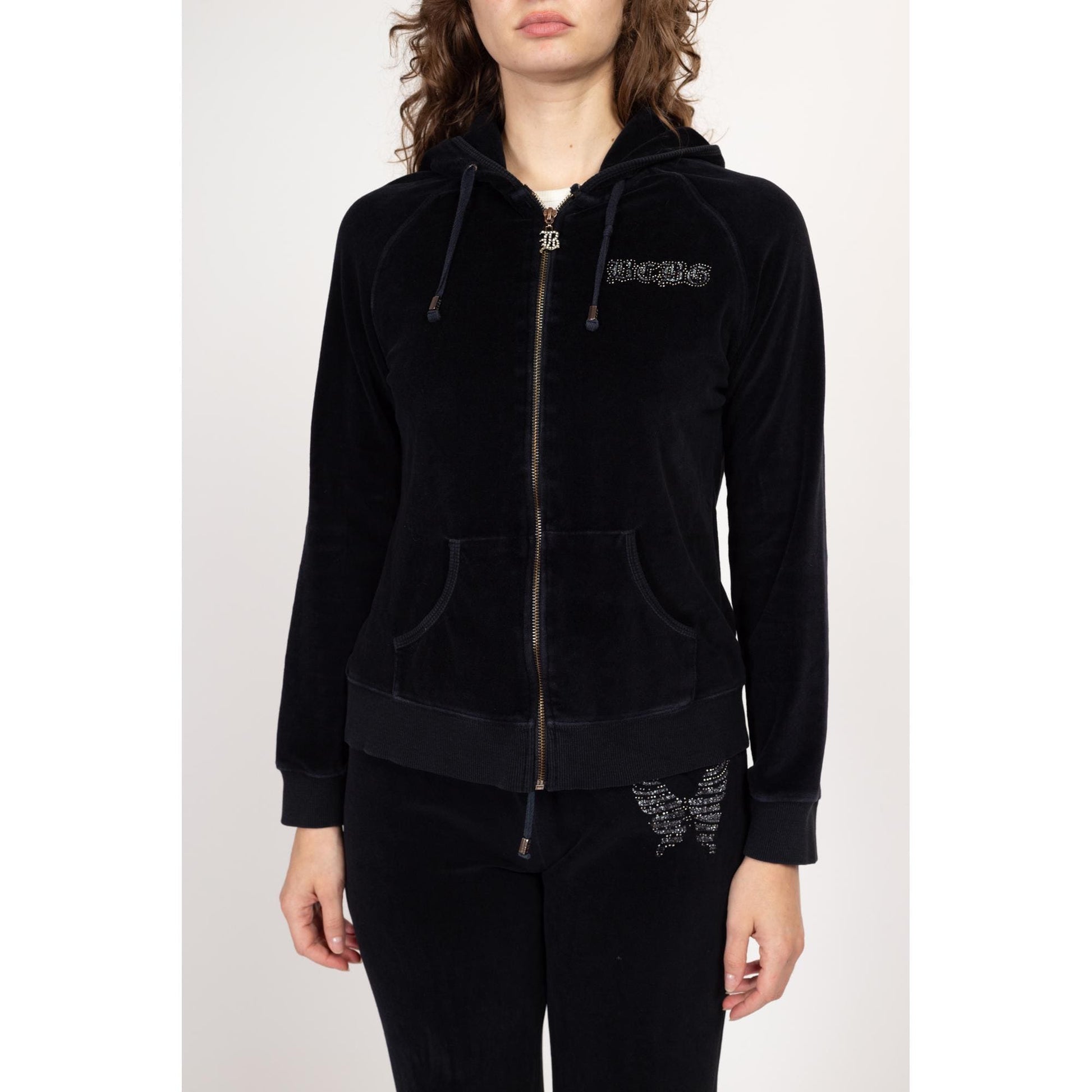 Large Y2K BGBG Maxazria Black Velour Butterfly Track Suit | Vintage Sweatpants & Zip Up Hooded Jacket Matching Set