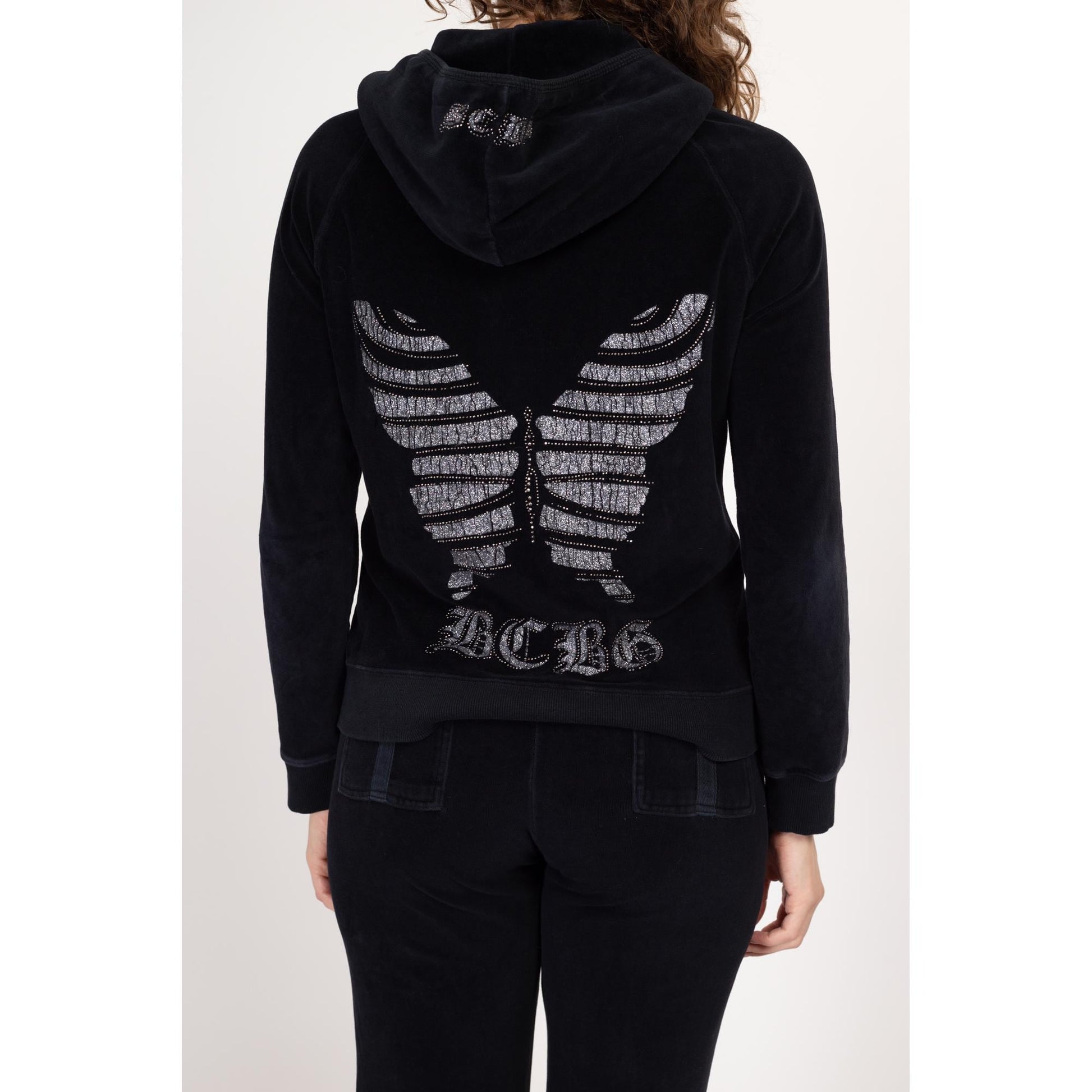 Large Y2K BGBG Maxazria Black Velour Butterfly Track Suit | Vintage Sweatpants & Zip Up Hooded Jacket Matching Set