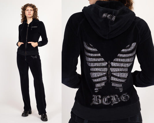 Large Y2K BGBG Maxazria Black Velour Butterfly Track Suit | Vintage Sweatpants & Zip Up Hooded Jacket Matching Set