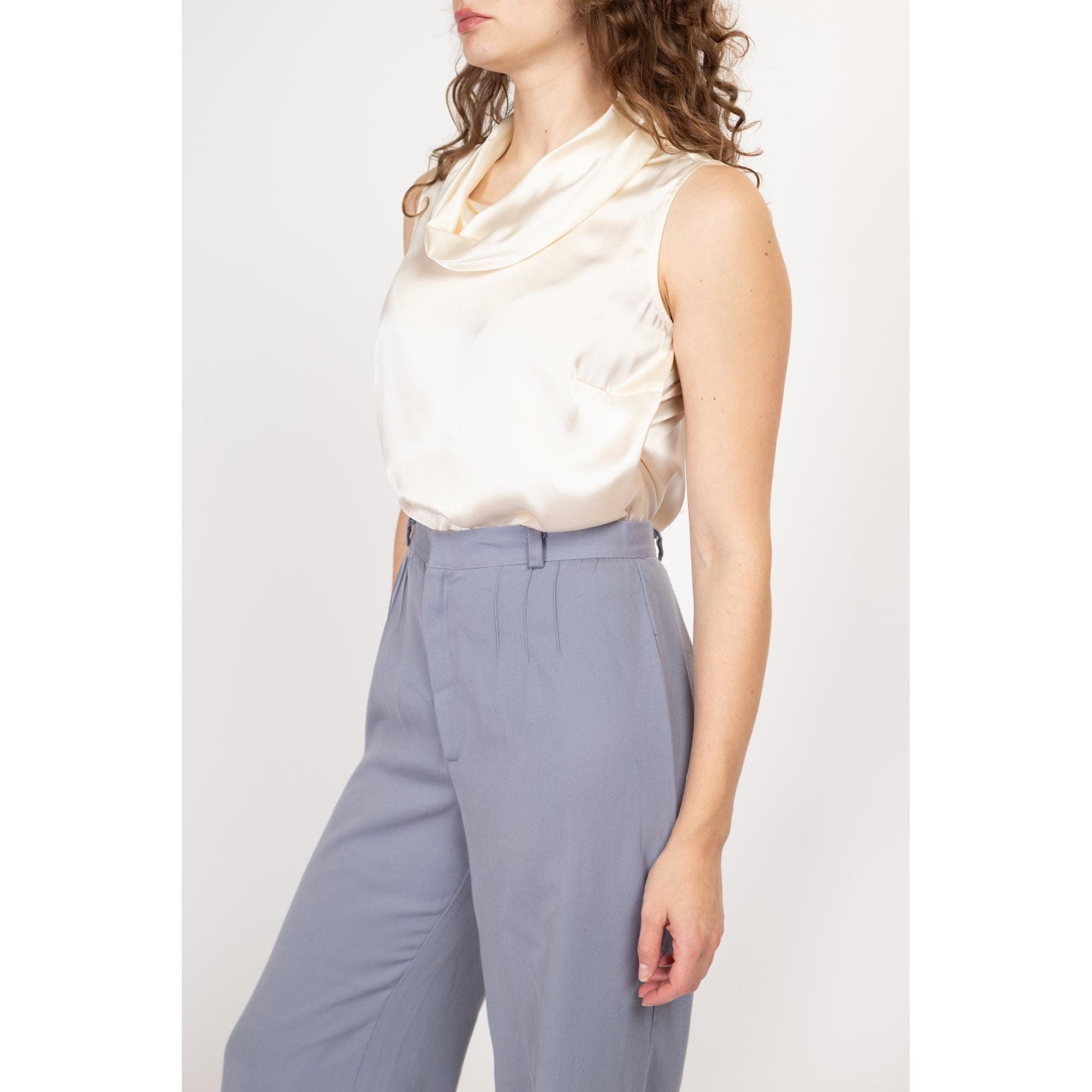 Medium 90s Ivory Silk Satin Cowl Neck Top | Vintage Minimalist Sleeveless Cropped Blouse