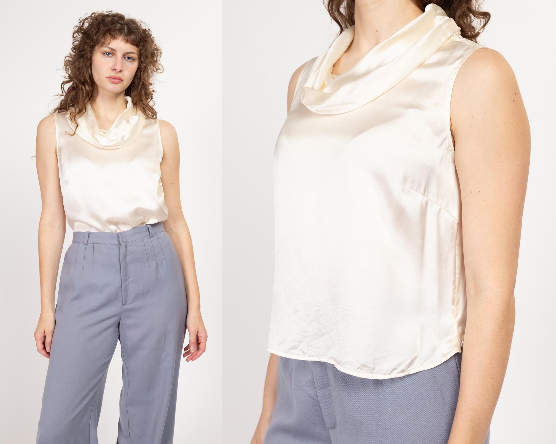 Medium 90s Ivory Silk Satin Cowl Neck Top | Vintage Minimalist Sleeveless Cropped Blouse