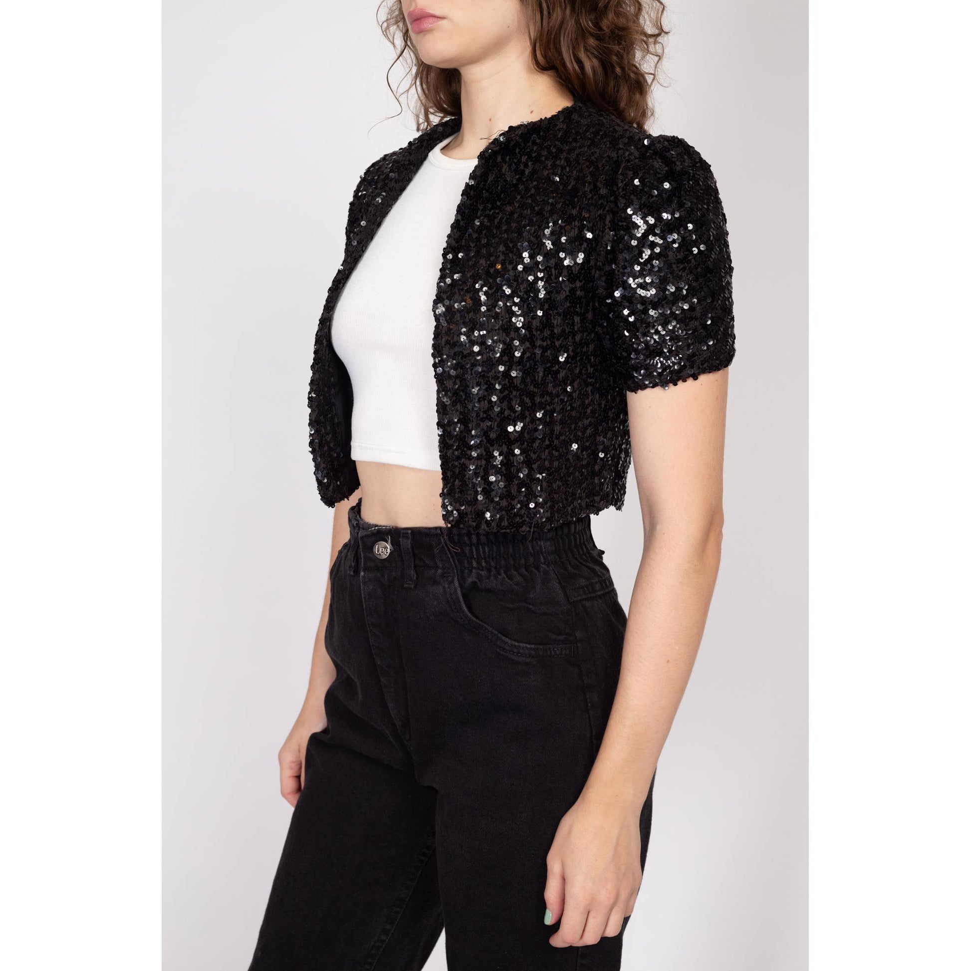 XS 1950s Black Sequin Cropped Bolero | Vintage Short Sleeve Open Fit Crop Jacket
