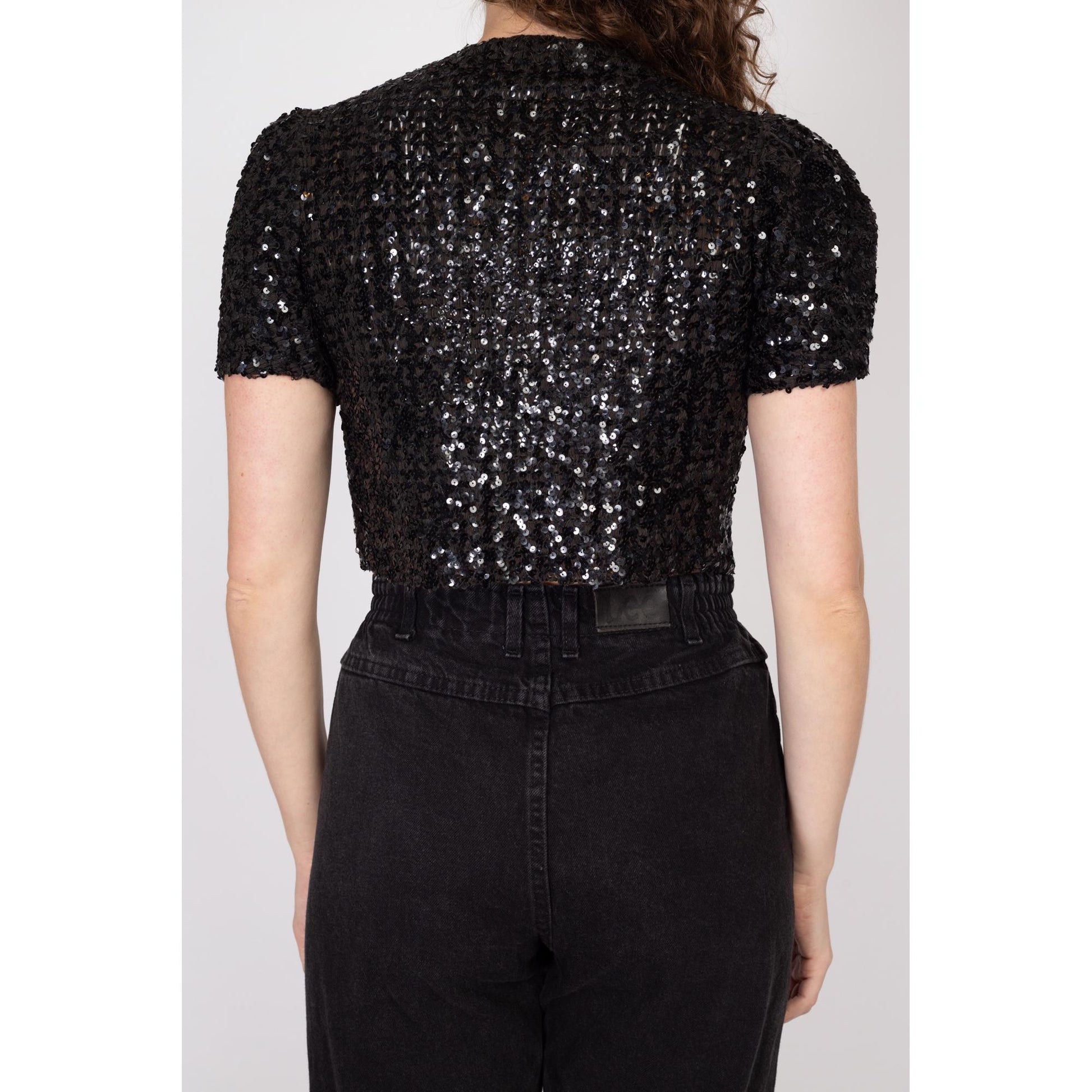 XS 1950s Black Sequin Cropped Bolero | Vintage Short Sleeve Open Fit Crop Jacket