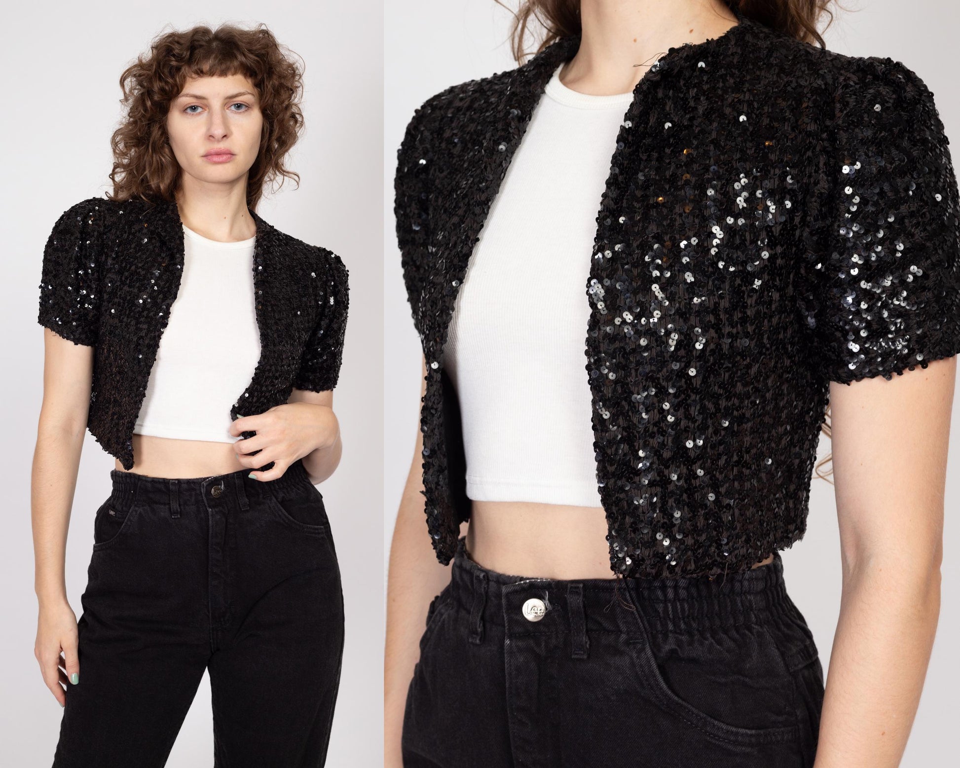 XS 1950s Black Sequin Cropped Bolero | Vintage Short Sleeve Open Fit Crop Jacket