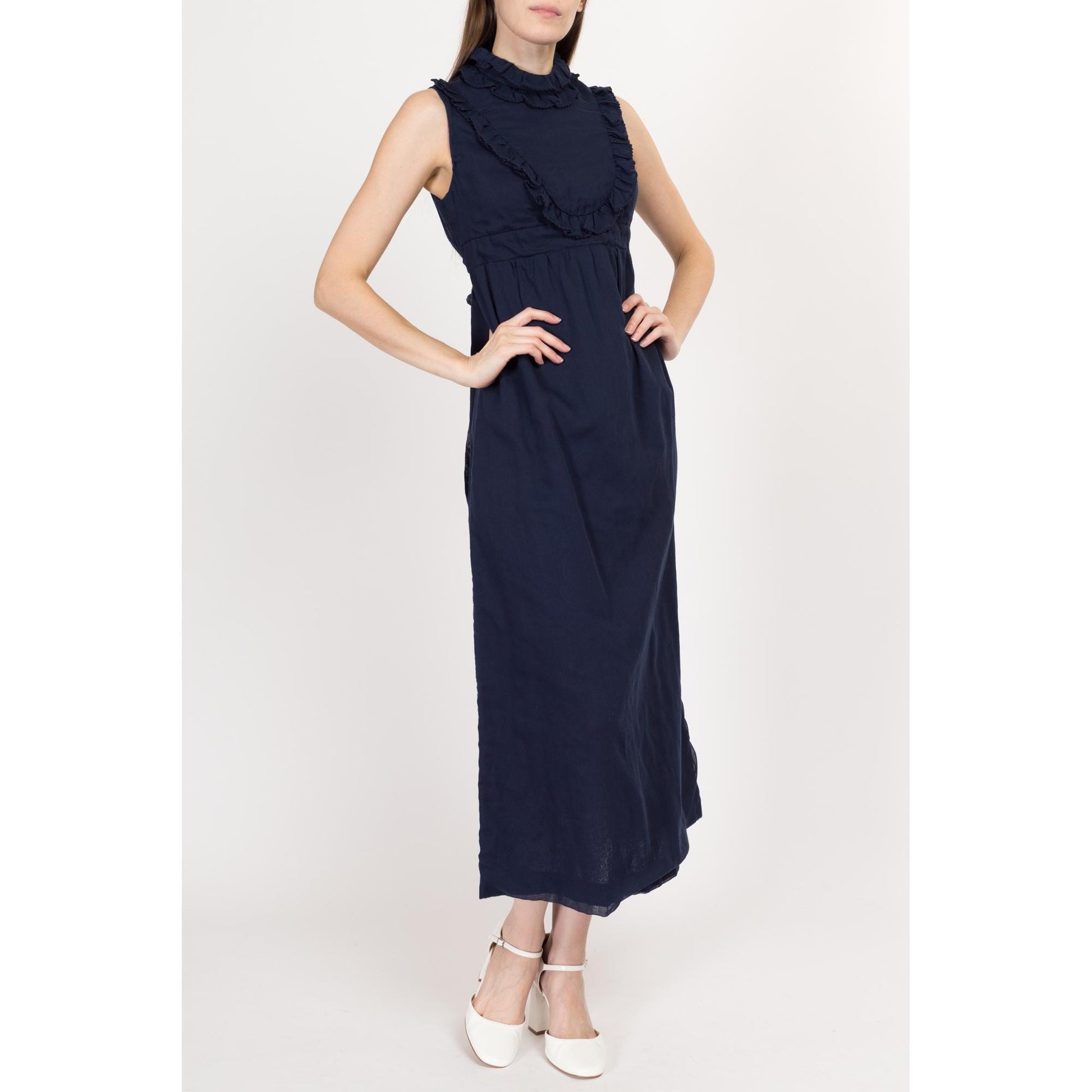 Small 60s Navy Blue Bib Maxi Dress