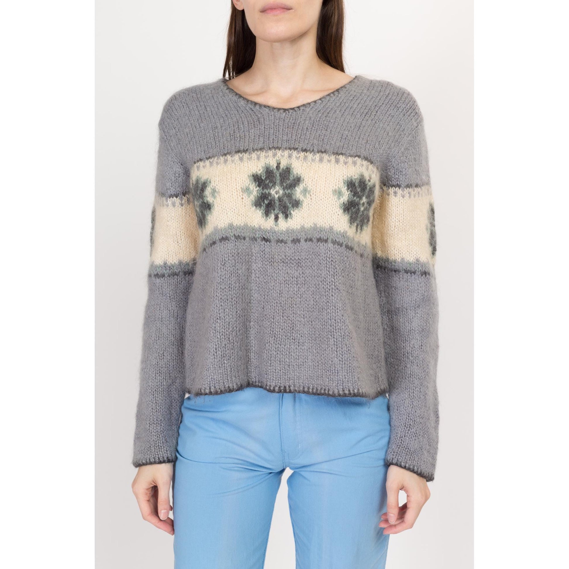 Medium 90s Floral Mohair Slouchy Sweater | Vintage Grey Striped Wool Blend Knit Pullover