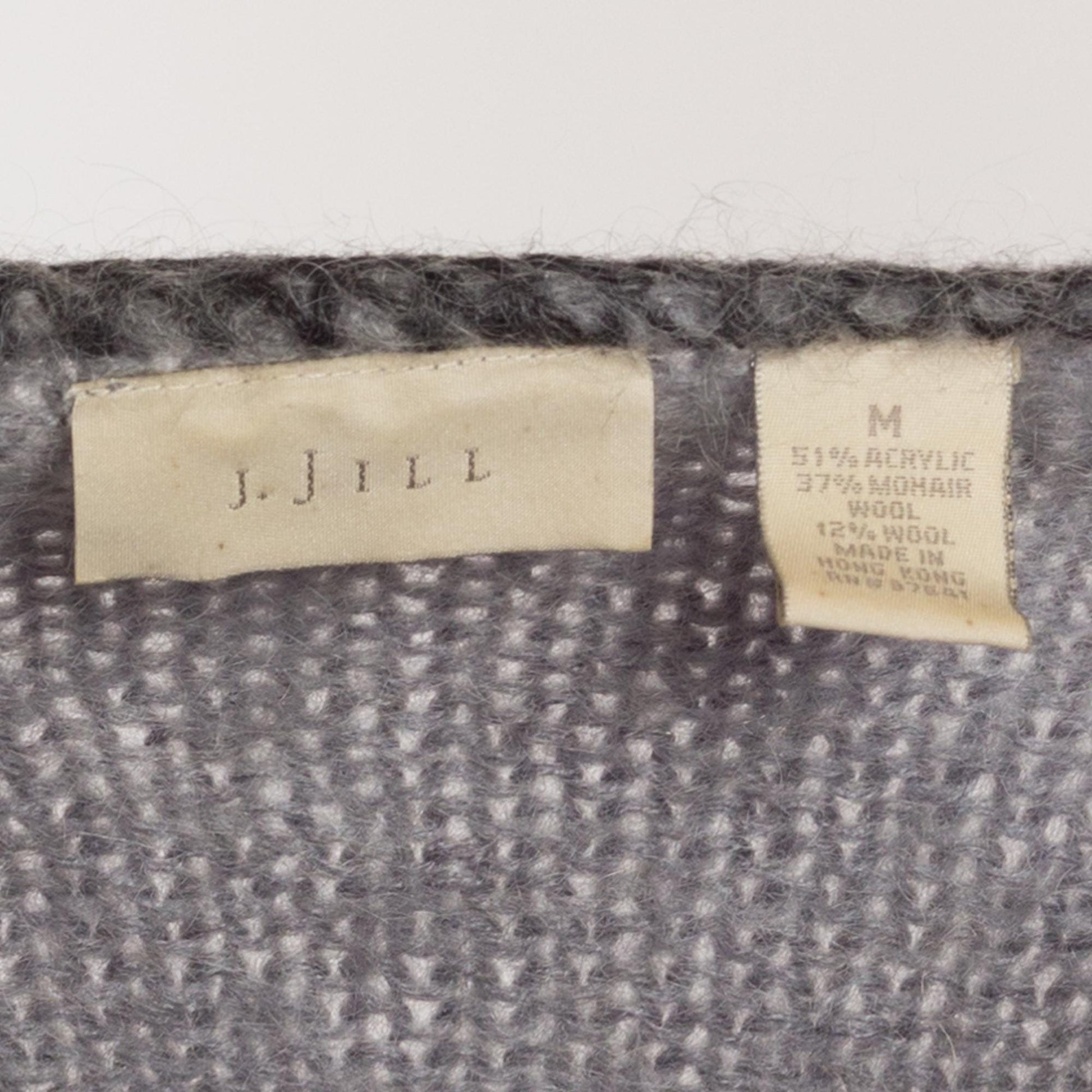 Medium 90s Floral Mohair Slouchy Sweater | Vintage Grey Striped Wool Blend Knit Pullover