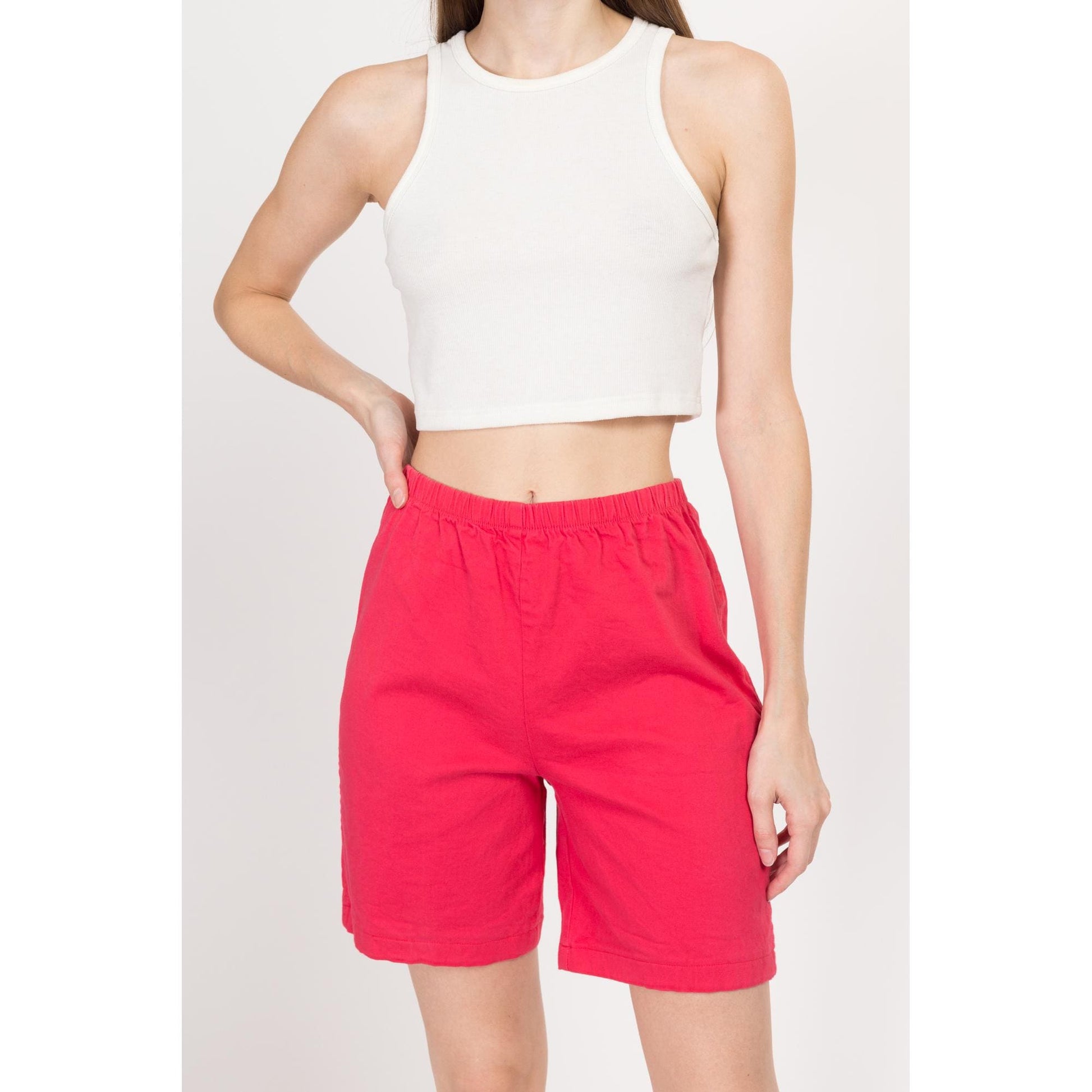 Sm-Med 90s Raspberry Red Casual Stretchy Shorts | Vintage Elastic Waist Cotton Blend Shorts