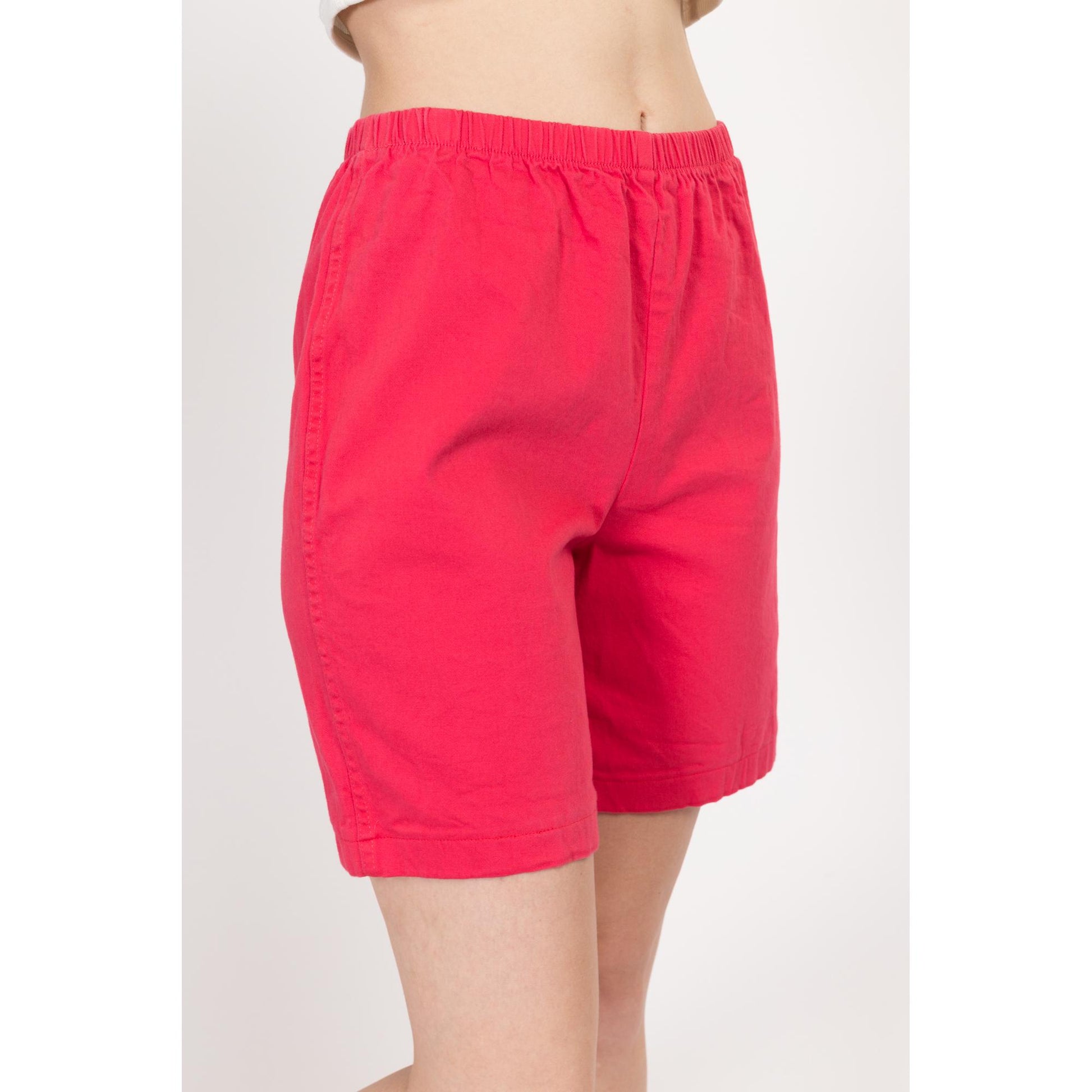 Sm-Med 90s Raspberry Red Casual Stretchy Shorts | Vintage Elastic Waist Cotton Blend Shorts