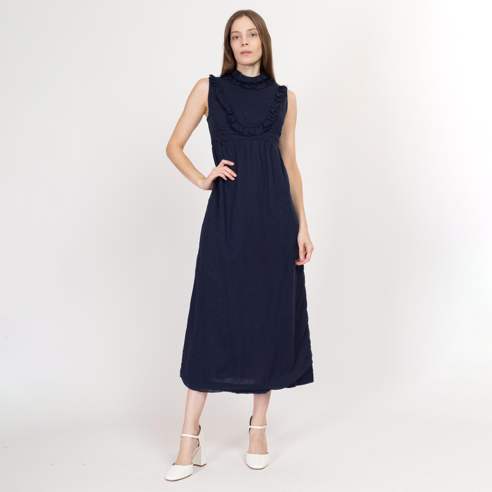 Small 60s Navy Blue Bib Maxi Dress Flying Apple Vintage Small 60s Navy Blue Bib Maxi Dress Flying Apple Vintage