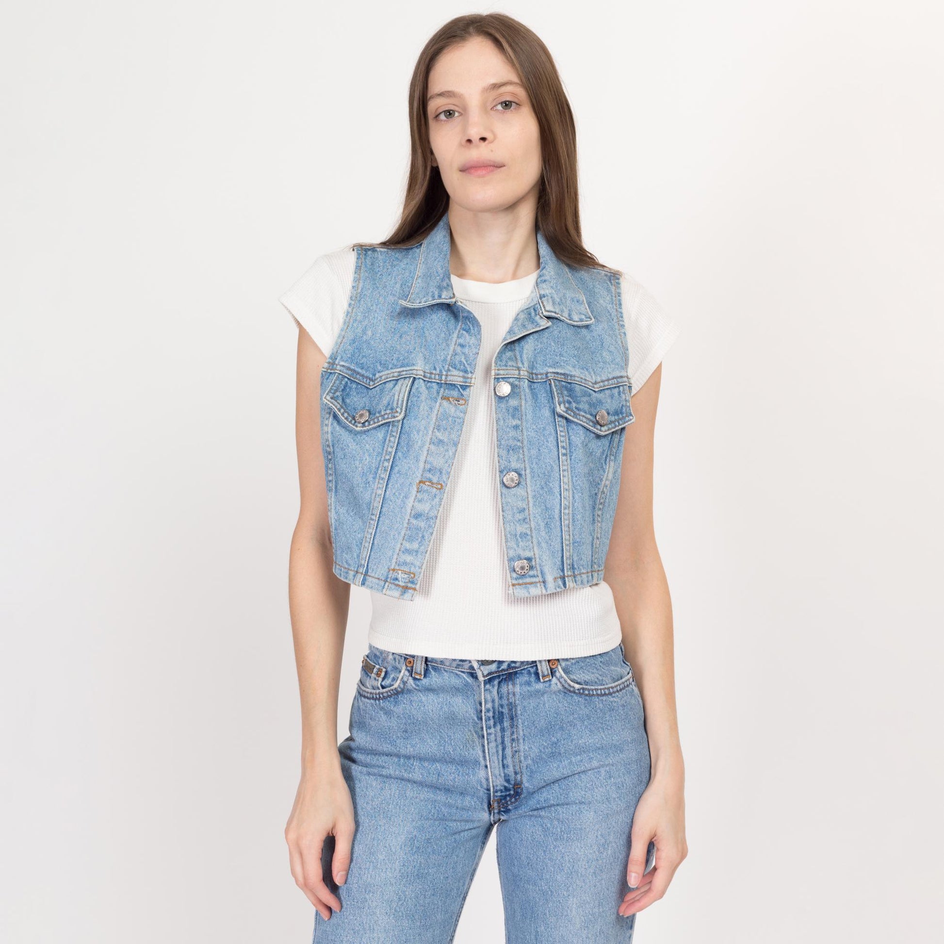 Sm-Med 90s Denim Crop Top Vest | Vintage Light Wash Blue Jean Sleeveless Shirt