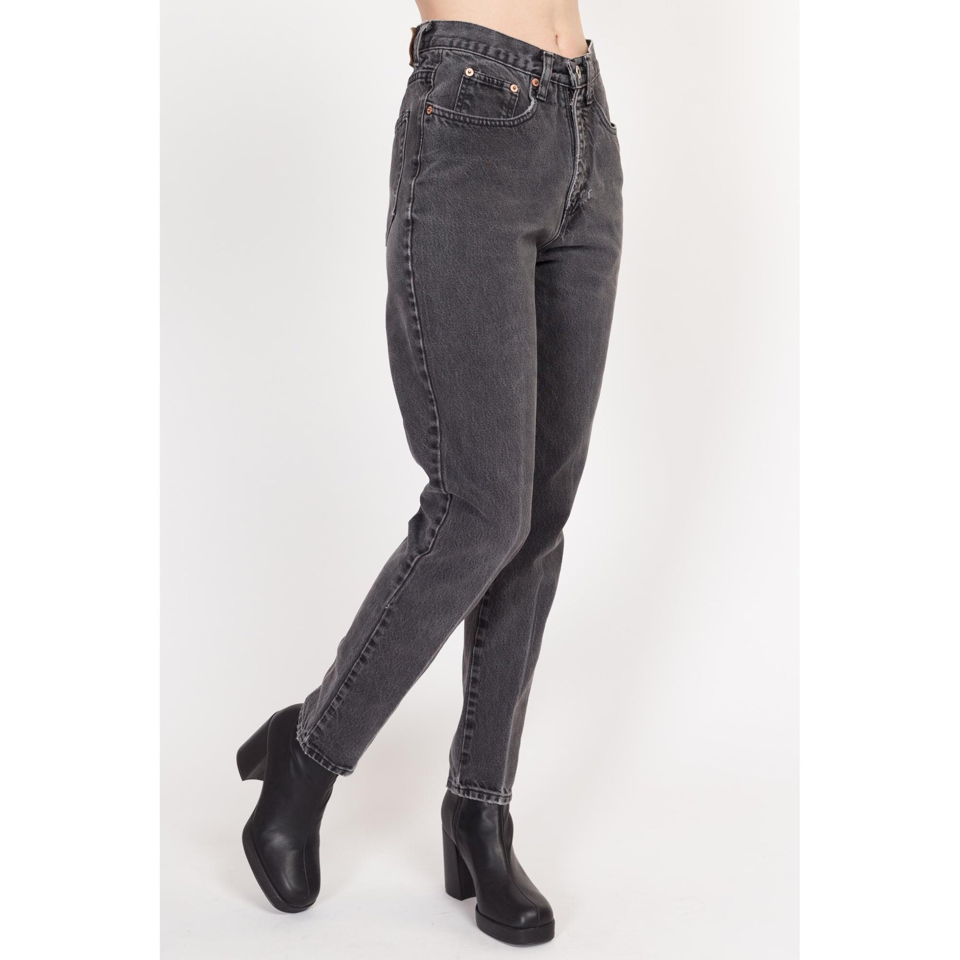 Small 90s Faded Black High Waisted Jeans 27" | Vintage Tapered Leg Denim Mom Jeans