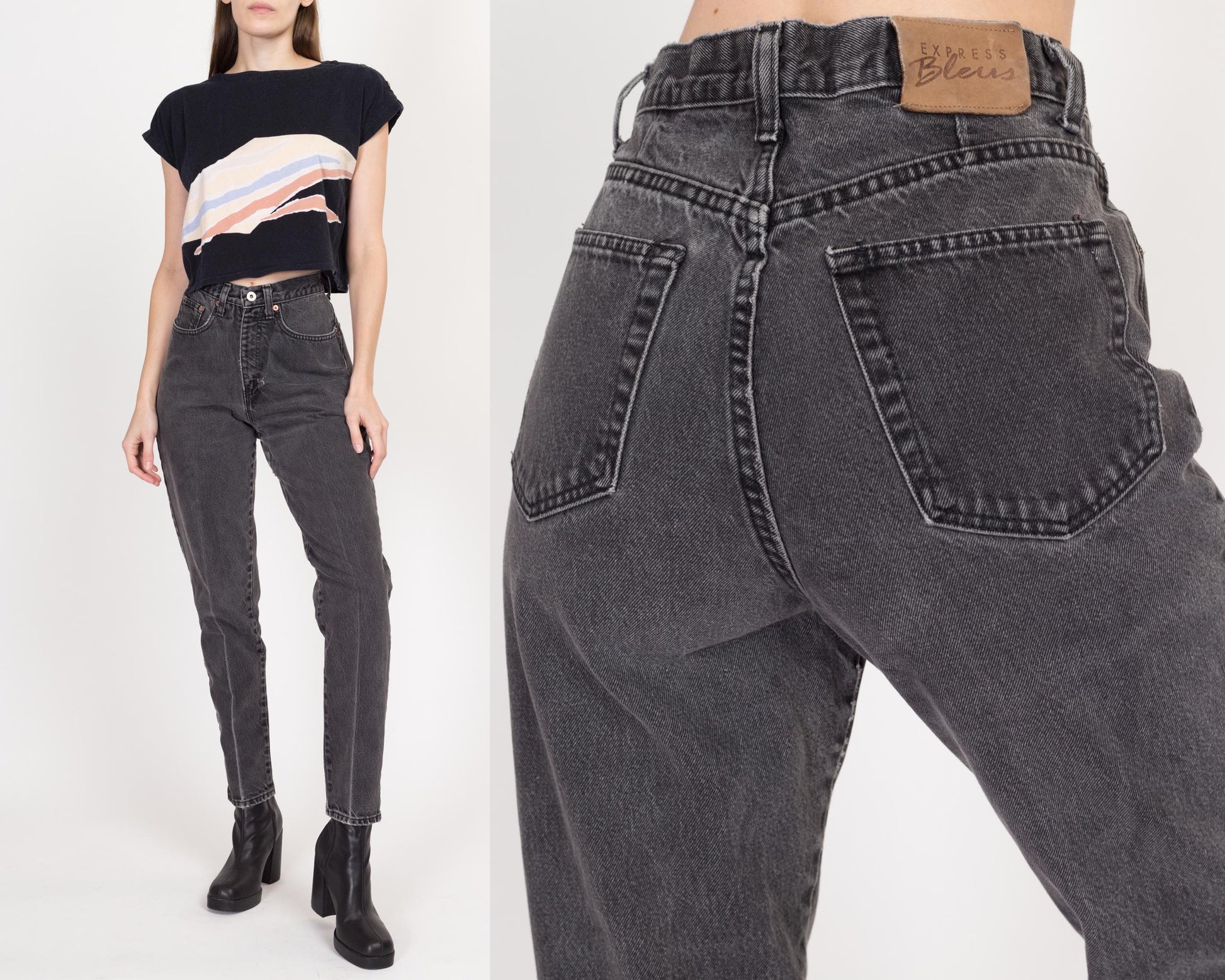 Small 90s Faded Black High Waisted Jeans 27" | Vintage Tapered Leg Denim Mom Jeans
